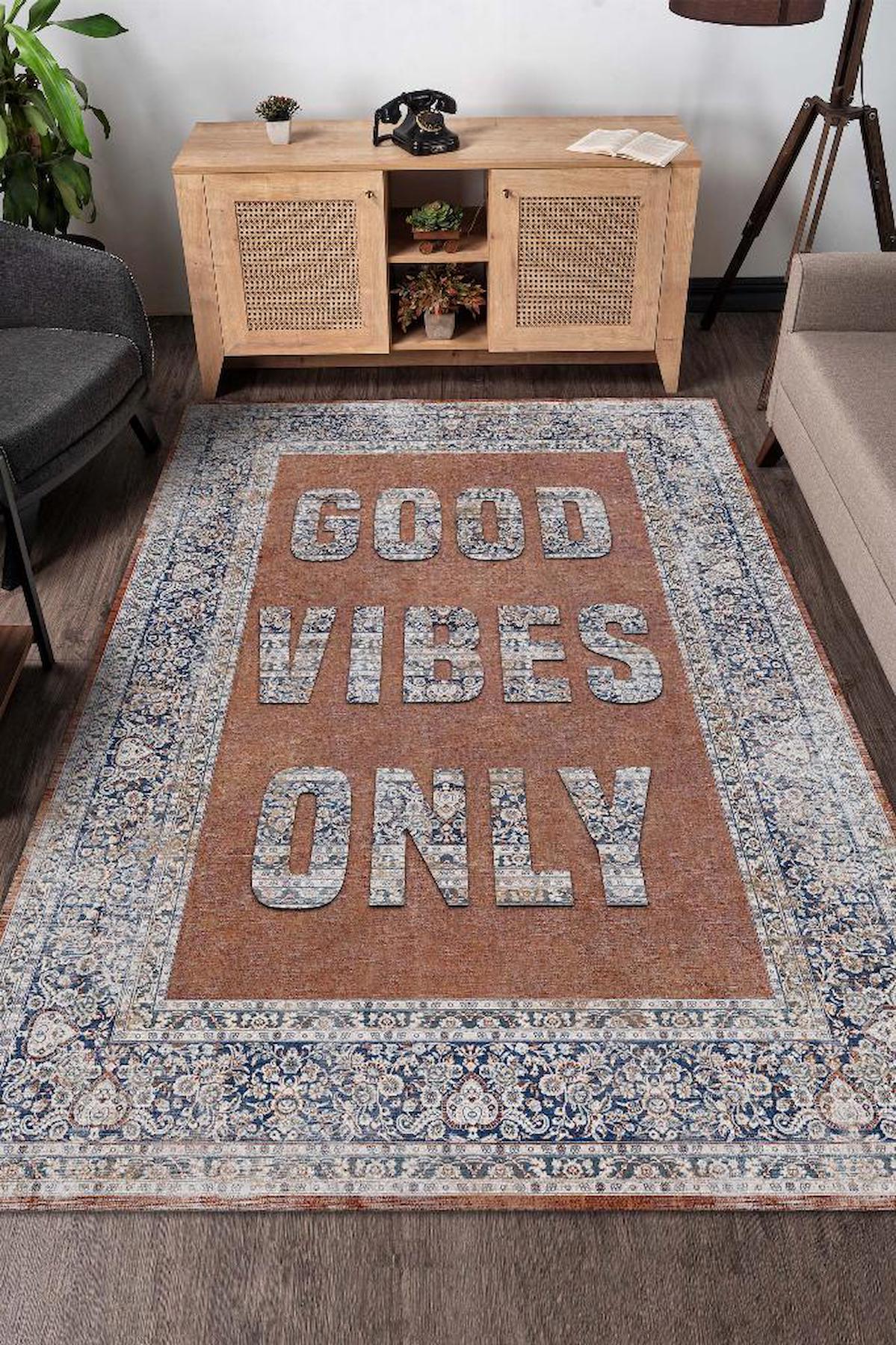 Homshtag Sadece İyi Hisler Krem 4 mm Pamuk Antistatik Yıkanabilir İnce Kaymaz Dikdörtgen Makine Dokuma Salon Halısı 120x160 cm