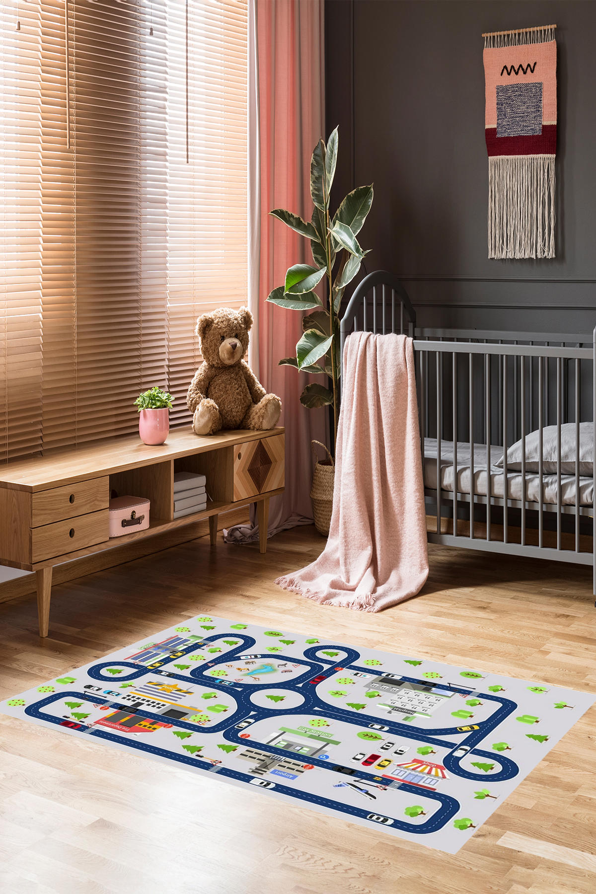 Homier Collection H-CK-10135A Mavi 7 mm Pamuk Antibakteriyel Yıkanabilir Orta Kaymaz Dot Taban Dikdörtgen Makine Dokuma Çocuk Odası Halısı 100x300 cm