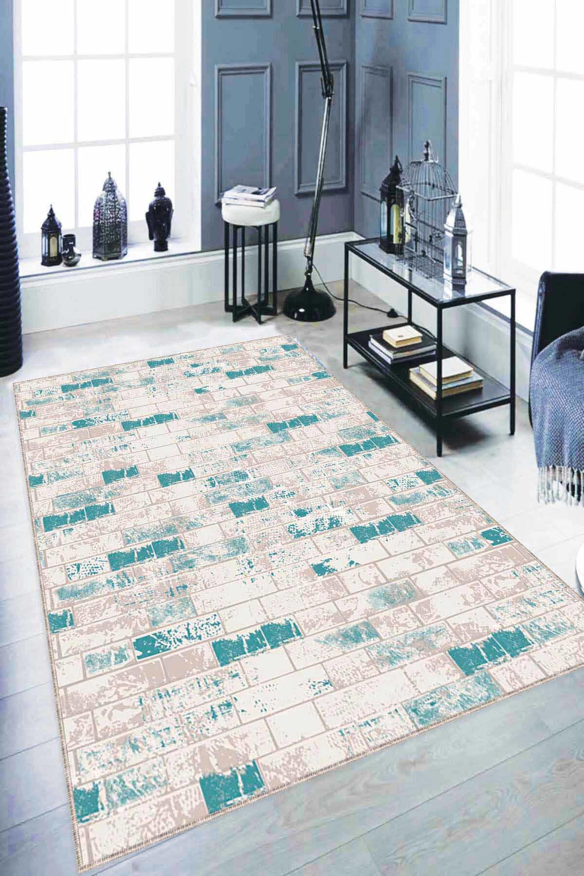 Viva Home TL06 Turkuaz 7 mm Mikropolyester Koku Yapmaz-Leke Tutmaz-Toz Tutmaz Yıkanabilir İnce Kaymaz Dot Taban Dikdörtgen Makine Dokuma Antre-Oturma Odası-Salon-Yatak Odası Halısı 130x190 cm