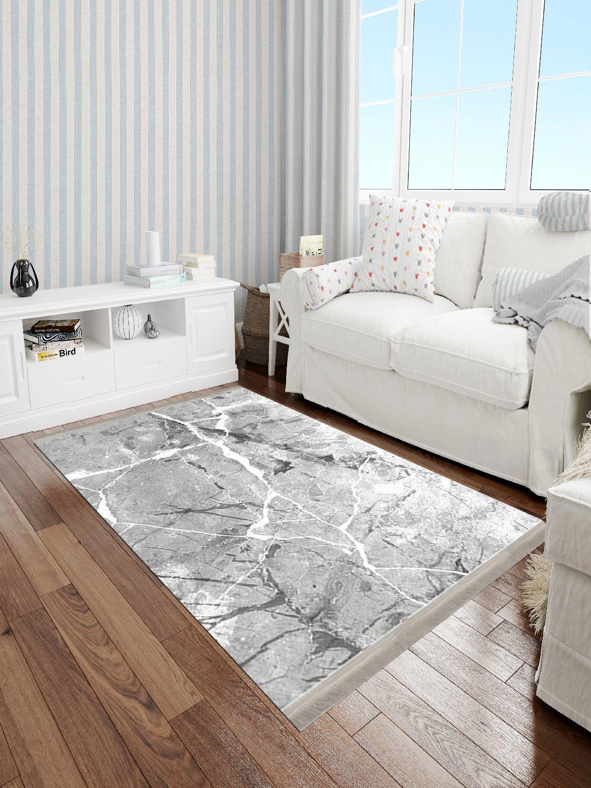 Enbe Collection E-ST1019B Gri 5 mm Pamuk Antibakteriyel Yıkanabilir Orta Kaymaz Dot Taban Dikdörtgen Makine Dokuma Oturma Odası Halısı 120x180 cm
