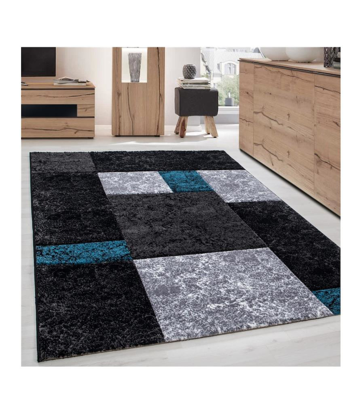 Carpettex Turkuaz 13 mm Polipropilen Antialerjenik Yıkanabilir Kalın Kaymaz Geometrik Dikdörtgen Makine Dokuma Salon Halısı 120x200 cm