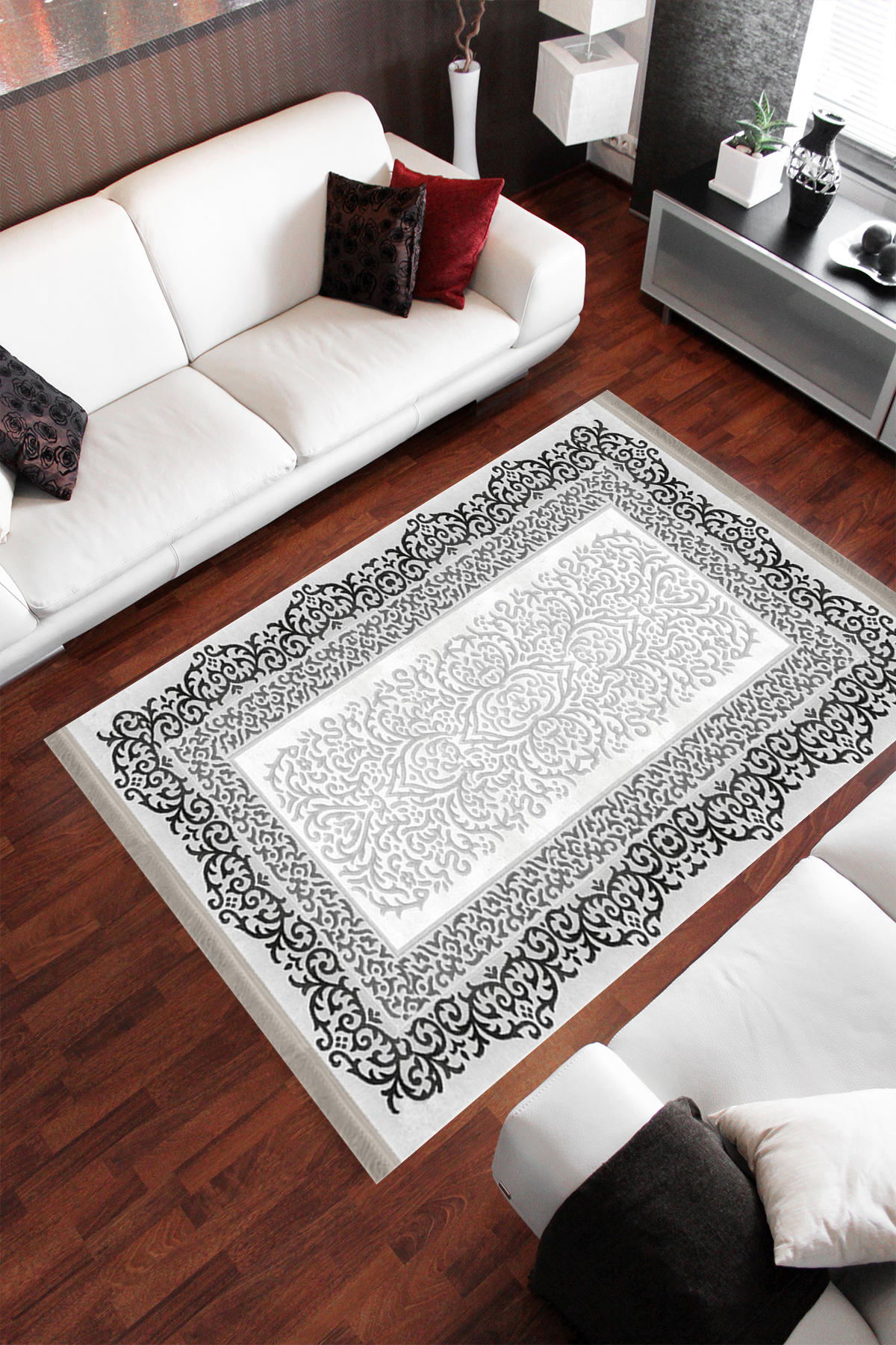 Homier Collection H-KS-3078A Beyaz-Gri 7 mm Pamuk Antibakteriyel Yıkanabilir Orta Kaymaz Dot Taban Dikdörtgen Makine Dokuma Salon Halısı 180x280 cm