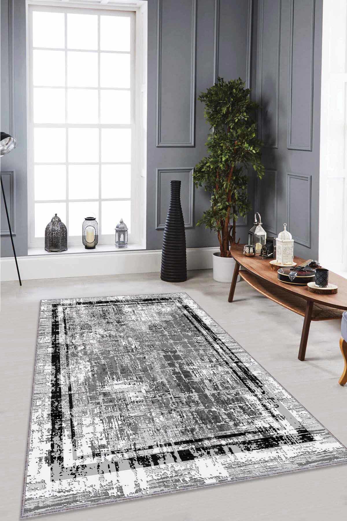 Viva Home RV103 Gri 7 mm Mikropolyester Toz Tutmaz Yıkanabilir İnce Kaymaz Dot Taban Dikdörtgen Makine Dokuma Salon Halısı 80x150 cm