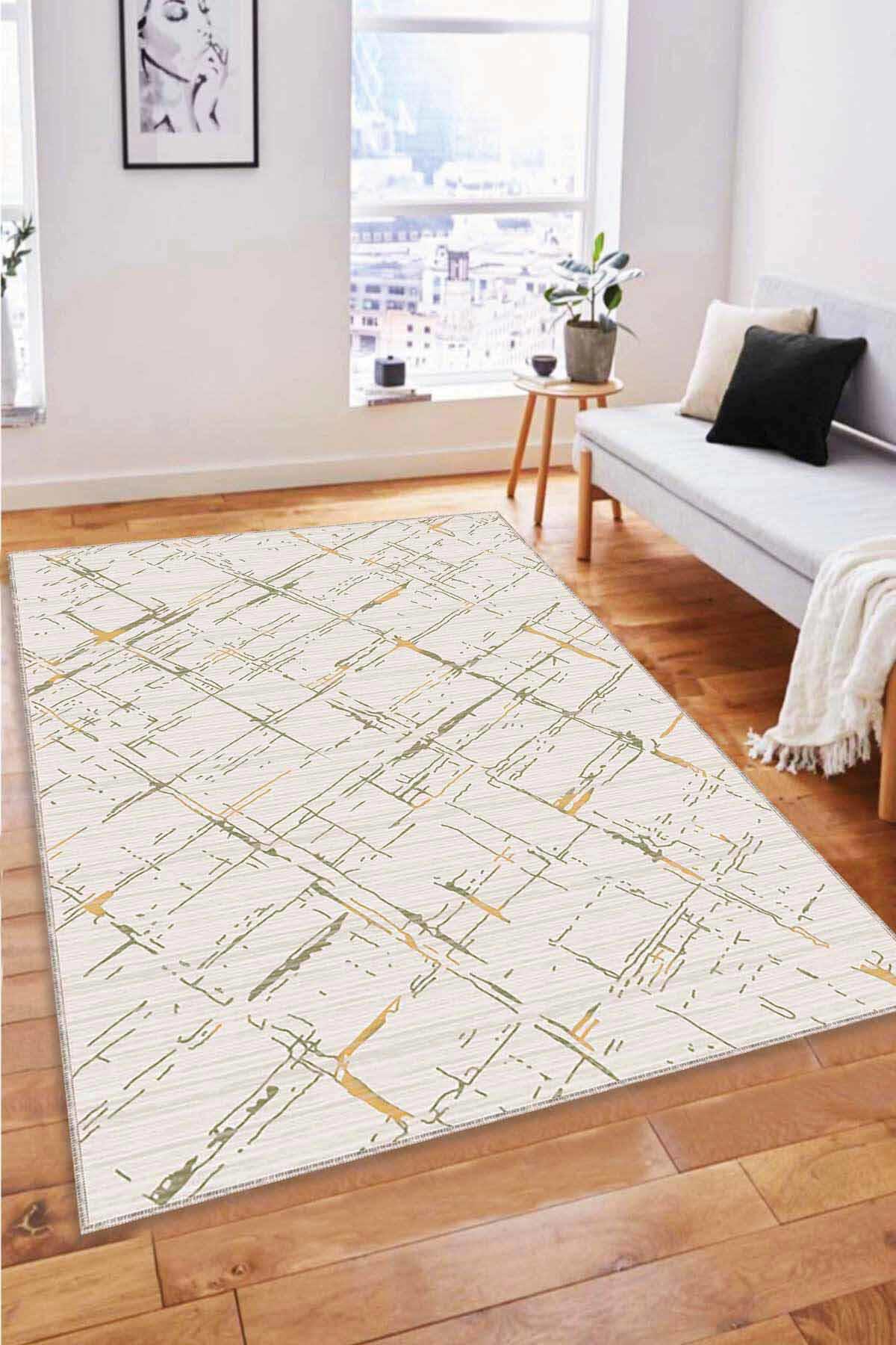 Viva Home CZ03 Sarı-Yeşil 7 mm Mikropolyester Yalıtıma Yardımcı Yıkanabilir İnce Kaymaz Taban Dikdörtgen Makine Dokuma Antre-Salon-Yatak Odası Halısı 100x200 cm