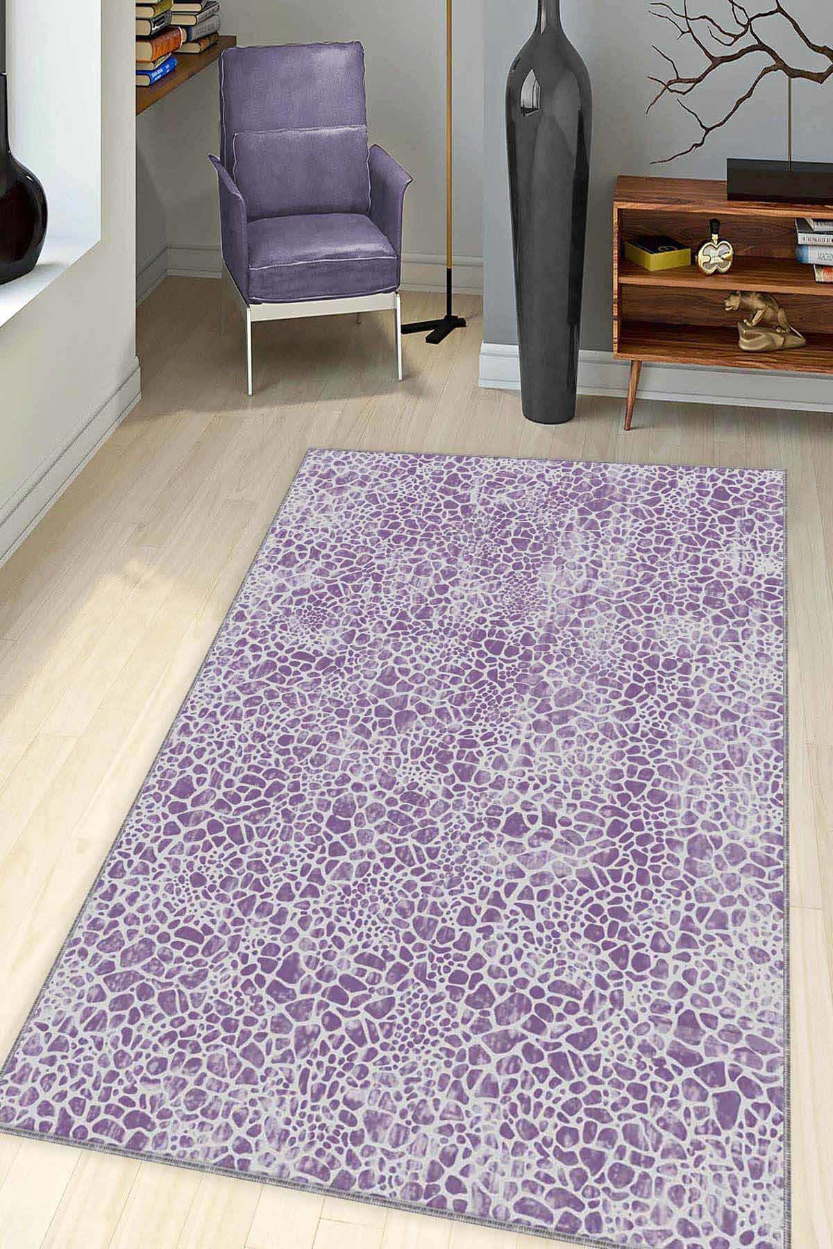 Viva Home LE005 Mor 7 mm Mikropolyester Antibakteriyel Yıkanabilir Kalın Kaymaz Pamuk Taban Dikdörtgen Makine Dokuma Salon Halısı 80x150 cm