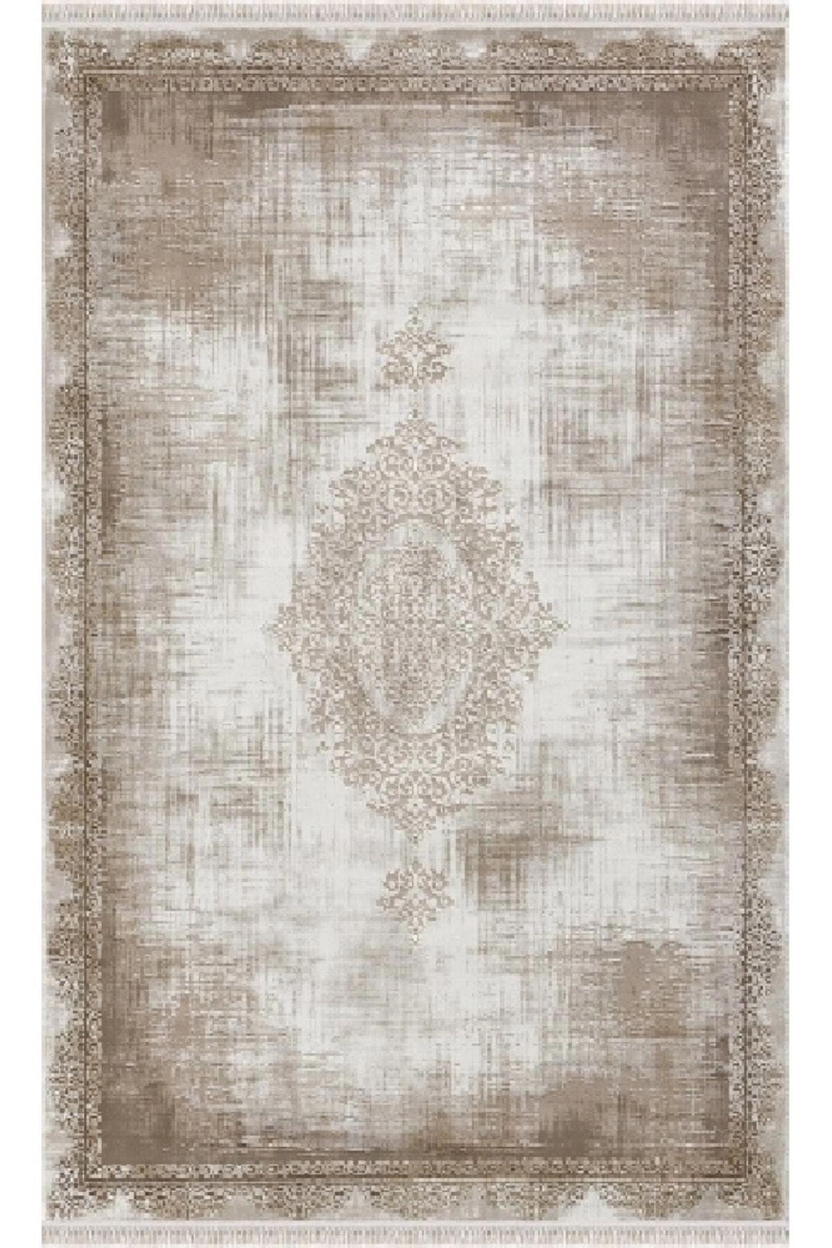 Merinos  Rodin 19770 Bej-Kahverengi 11 mm Akrilik Antibakteriyel Yıkanabilir İnce Kaymaz Dikdörtgen Makine Dokuma Salon Halısı 80x150 cm