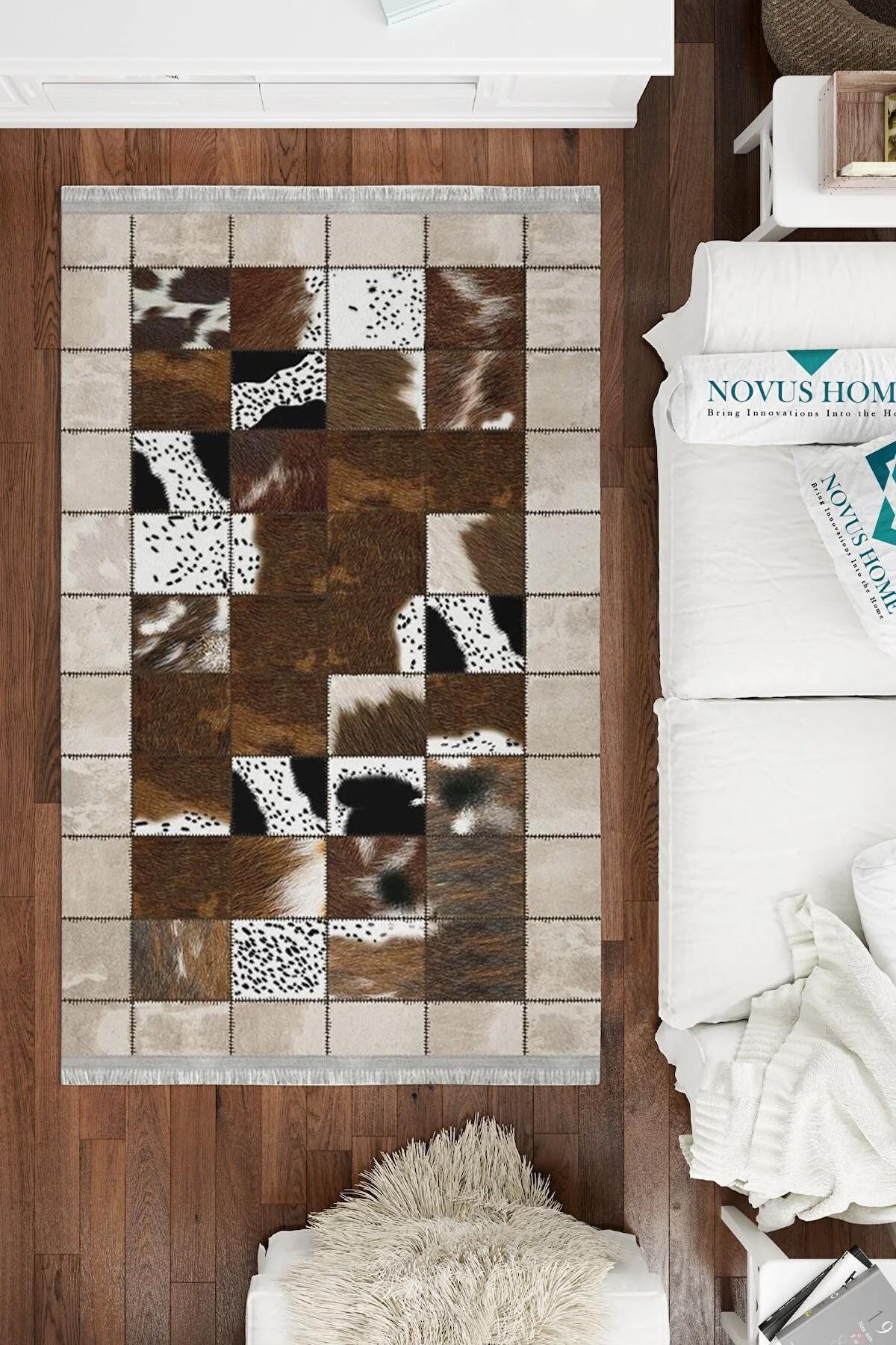 Novus Home Cotton Serisi Ekru - Kahverengi 5 mm Pamuk Antibakteriyel-Toz Tutmaz-Yalıtıma Yardımcı Yıkanabilir İnce Kaymaz Taban Dikdörtgen Makine Dokuma Antre-Salon-Yatak Odası Halısı 120x200 cm