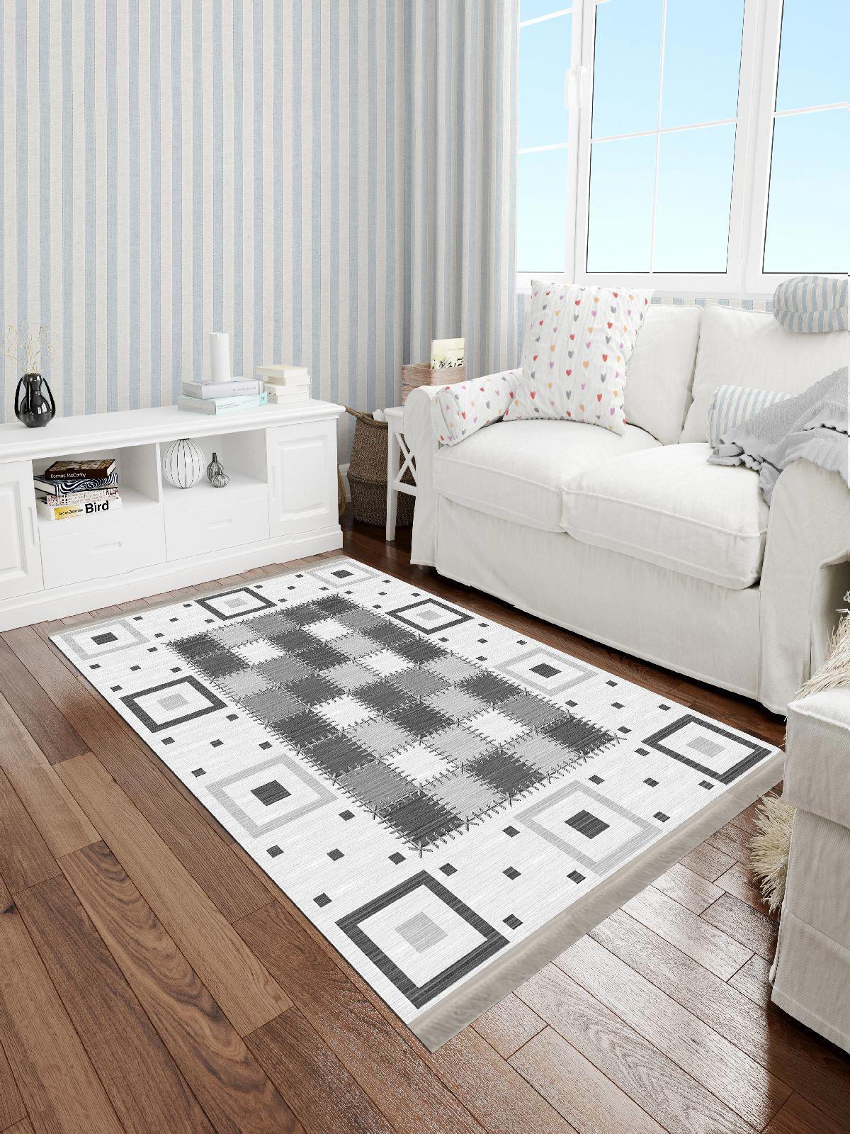 Enbe Collection E-PW8033D Gri-Siyah 5 mm Pamuk Antibakteriyel Yıkanabilir Orta Kaymaz Dot Taban Dikdörtgen Makine Dokuma Oturma Odası Halısı 160x235 cm