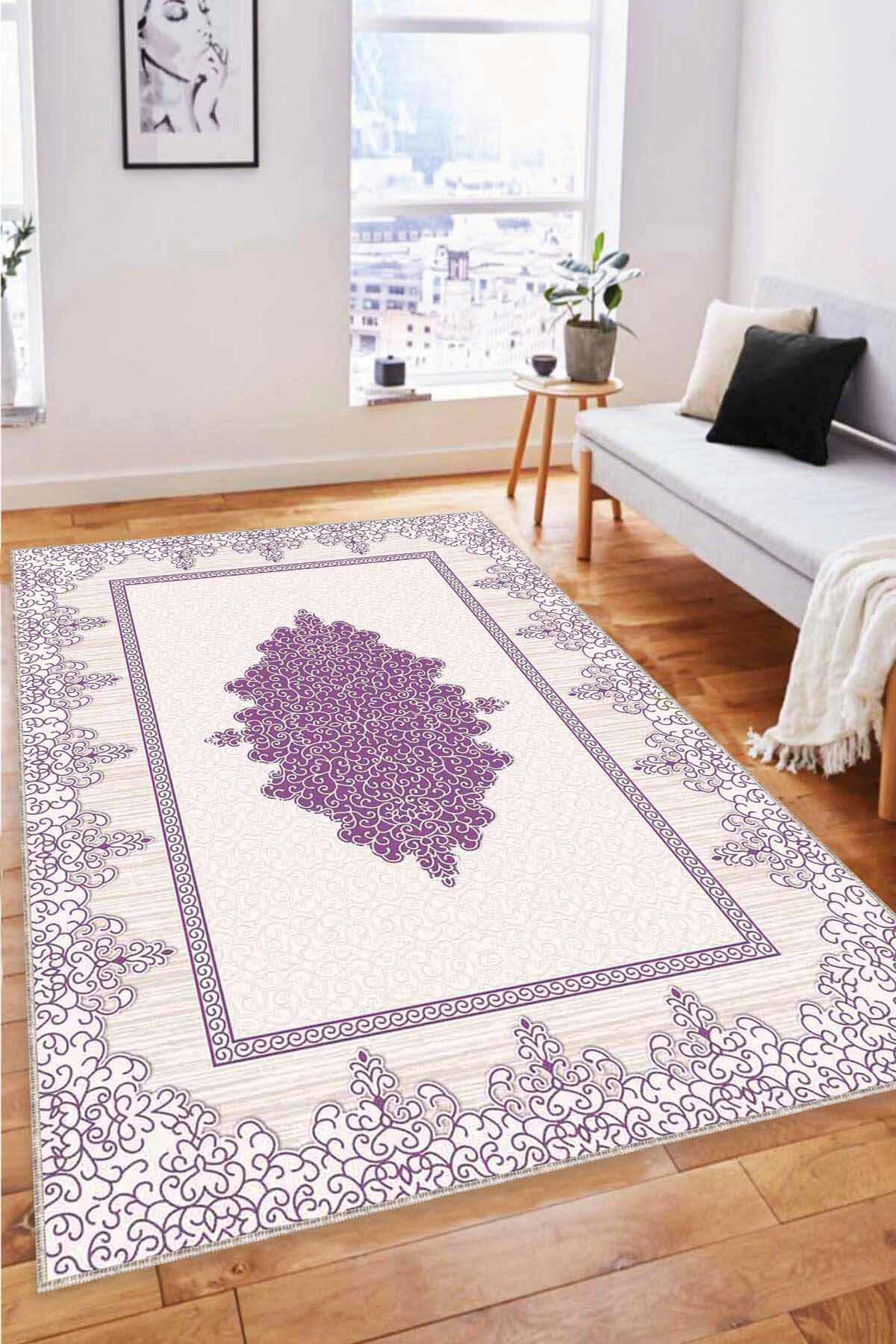 Viva Home MK74 Mor 7 mm Mikropolyester Antibakteriyel Yıkanabilir Kalın Kaymaz Pamuk Taban Dikdörtgen Makine Dokuma Salon Halısı 180x180 cm