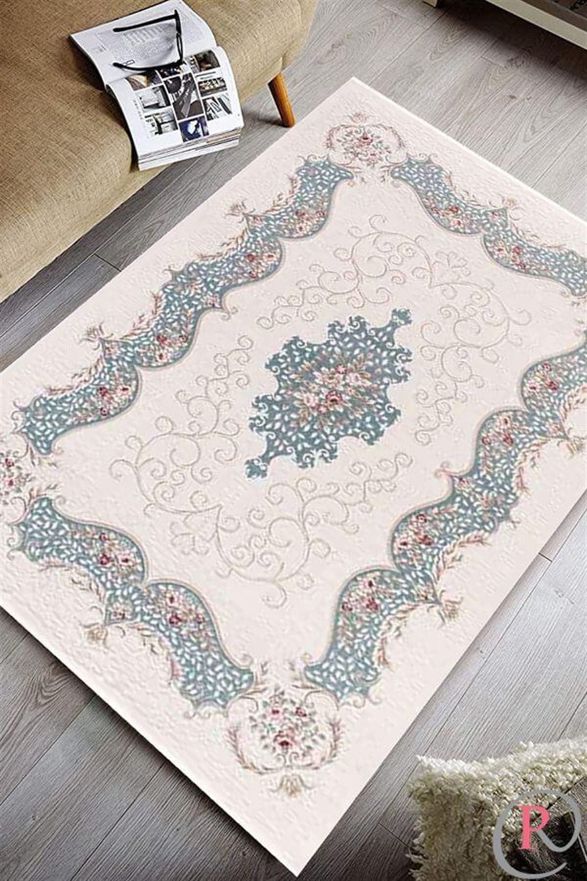 Artemis Halı Exclusive 1522A Krem - Mavi Akrilik Yıkanabilir İnce Kaymaz Jüt Taban Dikdörtgen Makine Dokuma Salon Halısı 80x150 cm