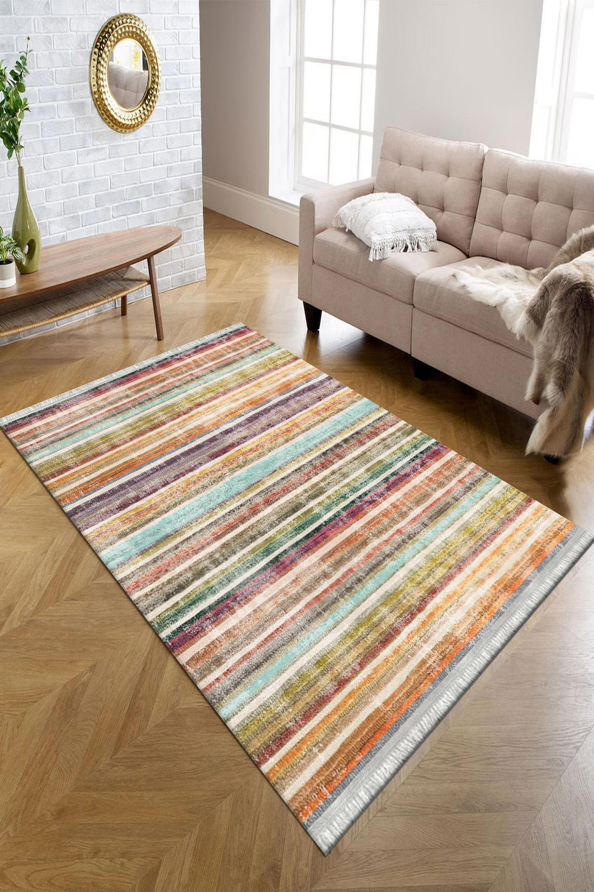 Kreatif Halı Krem 4 mm Polyester Antibakteriyel Yıkanabilir İnce Kaymaz Dikdörtgen Makine Dokuma Salon Halısı 80x150 cm