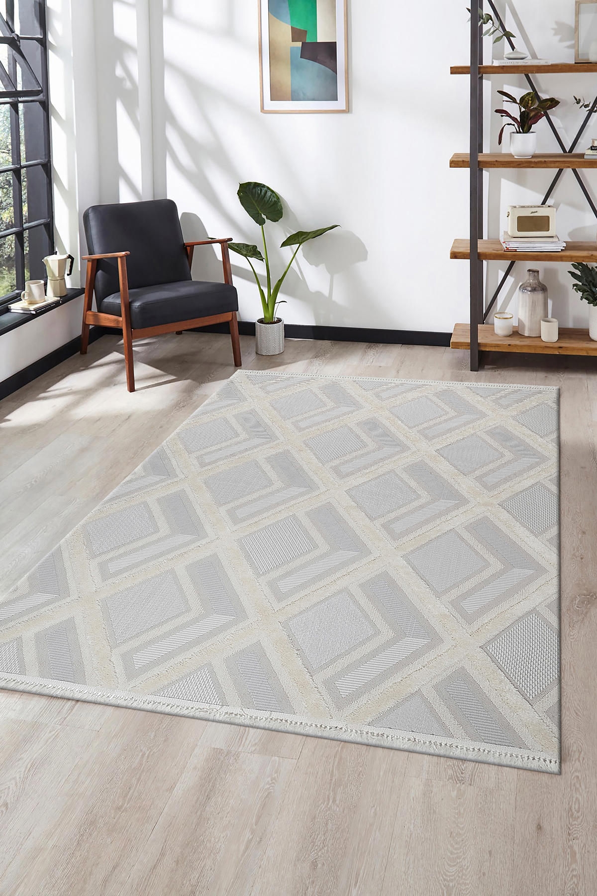 Petra Home Living 25719A Gri-Krem 24 mm Polyester Yıkanabilir Kalın Kaymaz Pamuk Taban Dikdörtgen Makine Dokuma Salon Halısı 80x300 cm