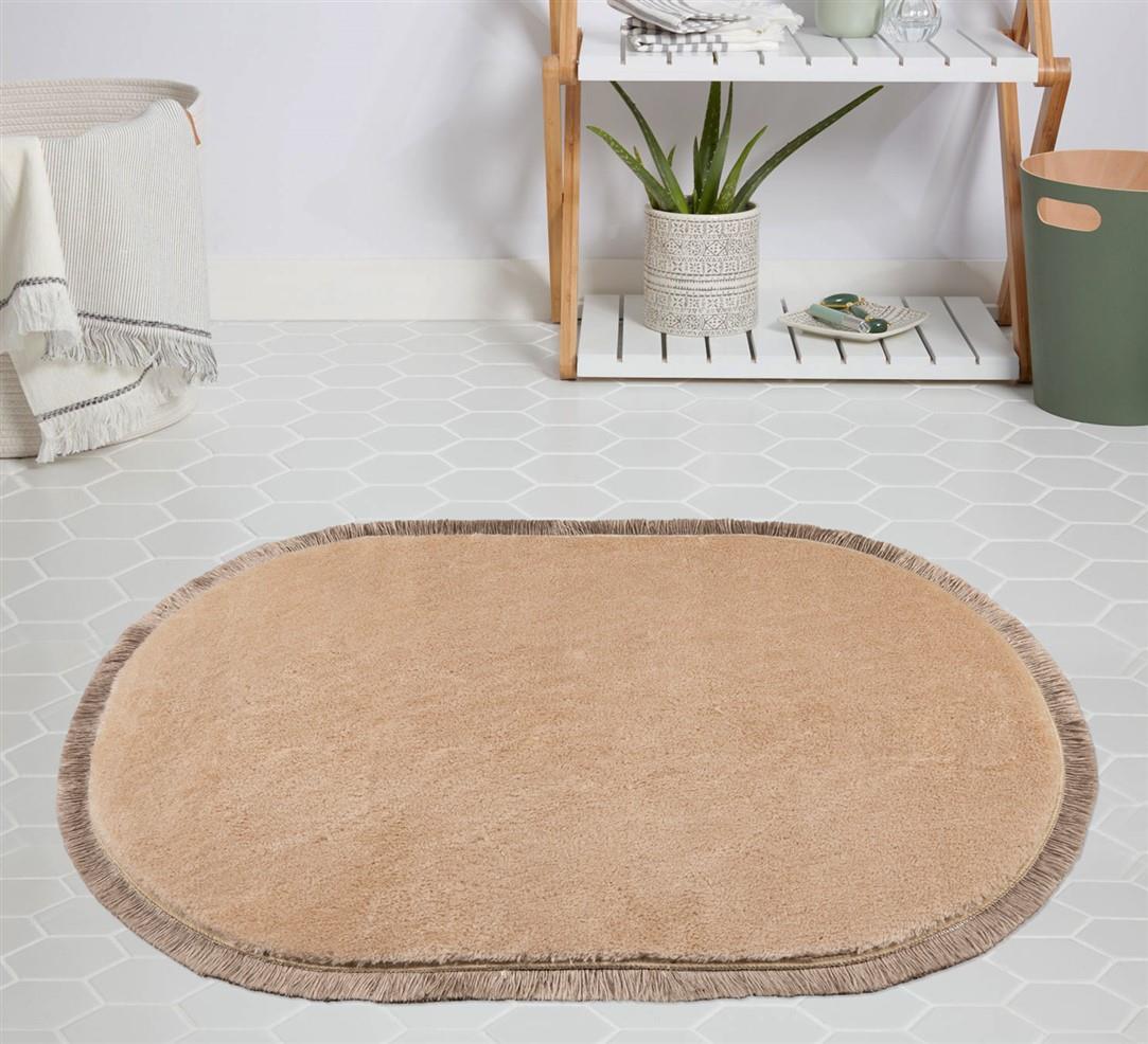 My Evilla Krem 14 mm Polyester Leke Tutmaz Yıkanabilir Kalın Kaymaz Jel Taban Oval Makine Dokuma Yatak Odası Halısı 100x150 cm