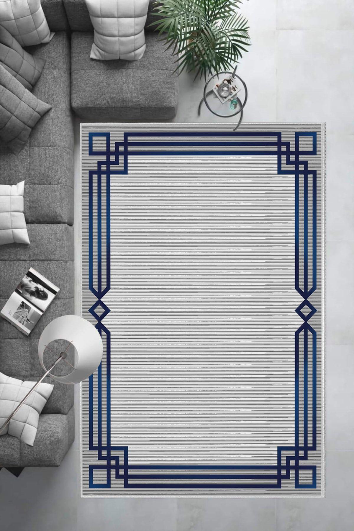 Aldora B1266 Lacivert 9 mm Deri Leke tutmaz Yıkanabilir İnce Kaymaz Deri Taban Dikdörtgen Makine Dokuma Salon Halısı 100x200 cm