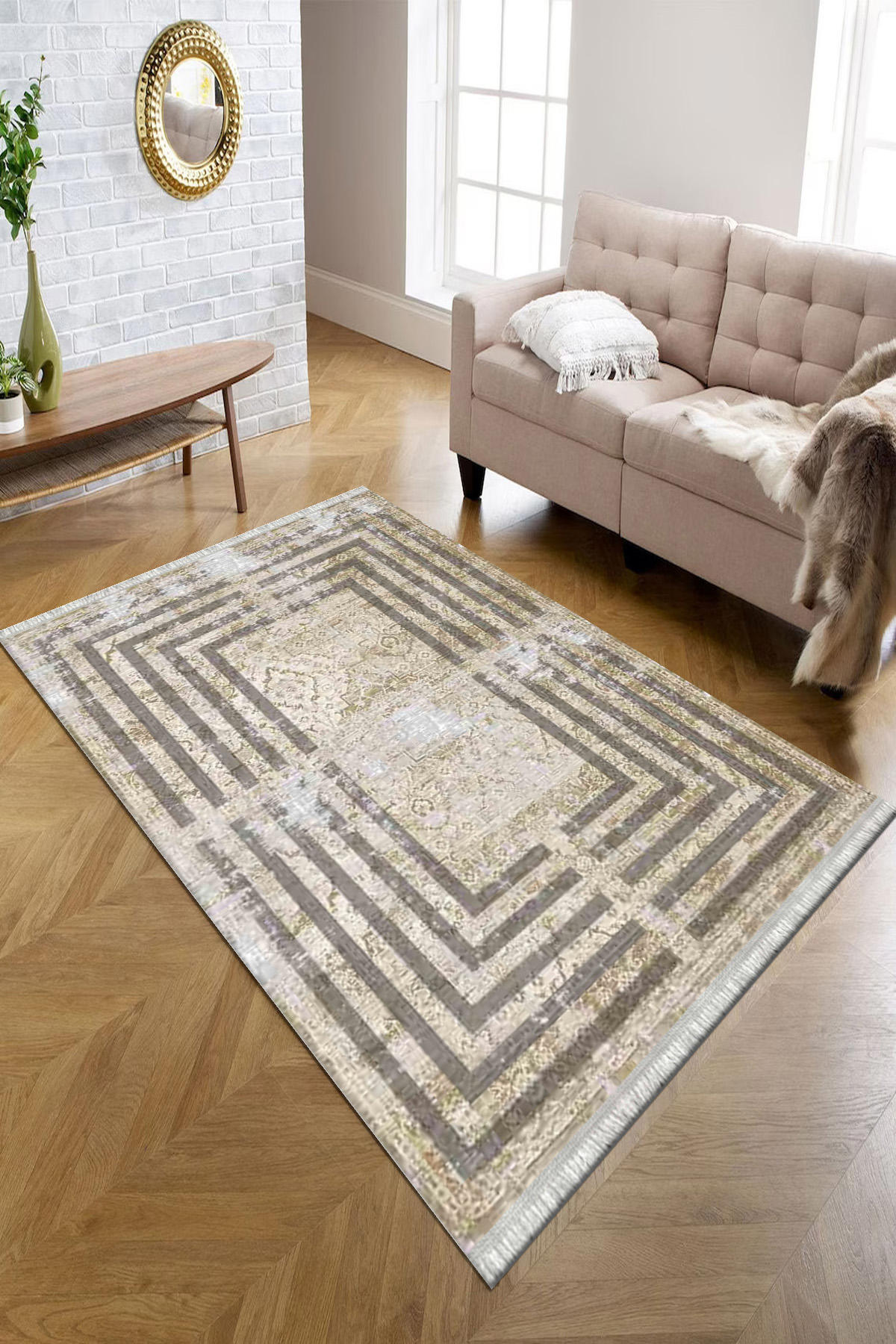 Kreatif Halı Bej-Kahverengi 4 mm Polyester Antibakteriyel Yıkanabilir İnce Kaymaz Dot Taban Dikdörtgen Makine Dokuma Salon Halısı 170x170 cm