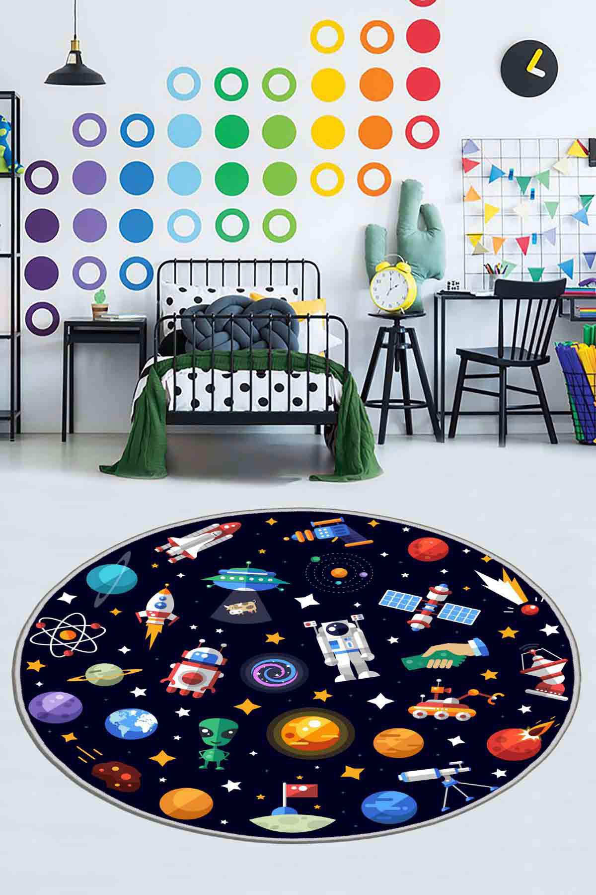 Homefesto Krem 5 mm Polyester Leke Tutmaz Yıkanabilir İnce Kaymaz Taban Gezegen Desenli Dikdörtgen Makine Dokuma Çocuk Odası Halısı 100x500 cm