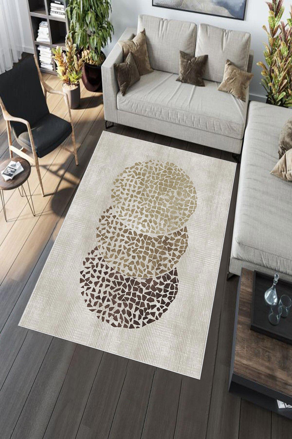 Aldora A219 Krem 9 mm Deri Leke tutmaz Yıkanabilir İnce Kaymaz Deri Taban Dikdörtgen Makine Dokuma Salon Halısı 80x150 cm