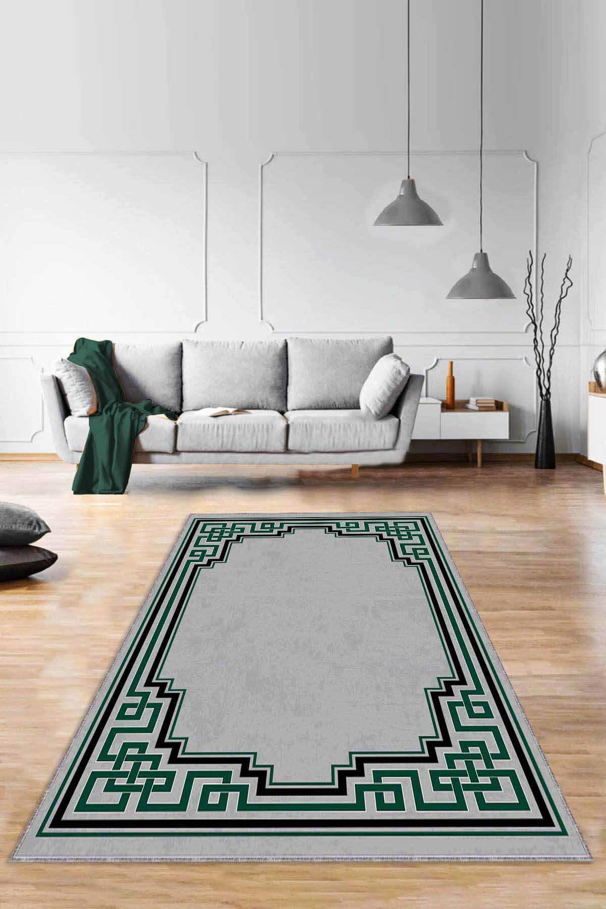 Viva Home RV092 Yeşil 7 mm Mikropolyester Yalıtıma Yardımcı Yıkanabilir İnce Kaymaz Taban Dikdörtgen Makine Dokuma Antre-Salon-Yatak Odası Halısı 100x200 cm