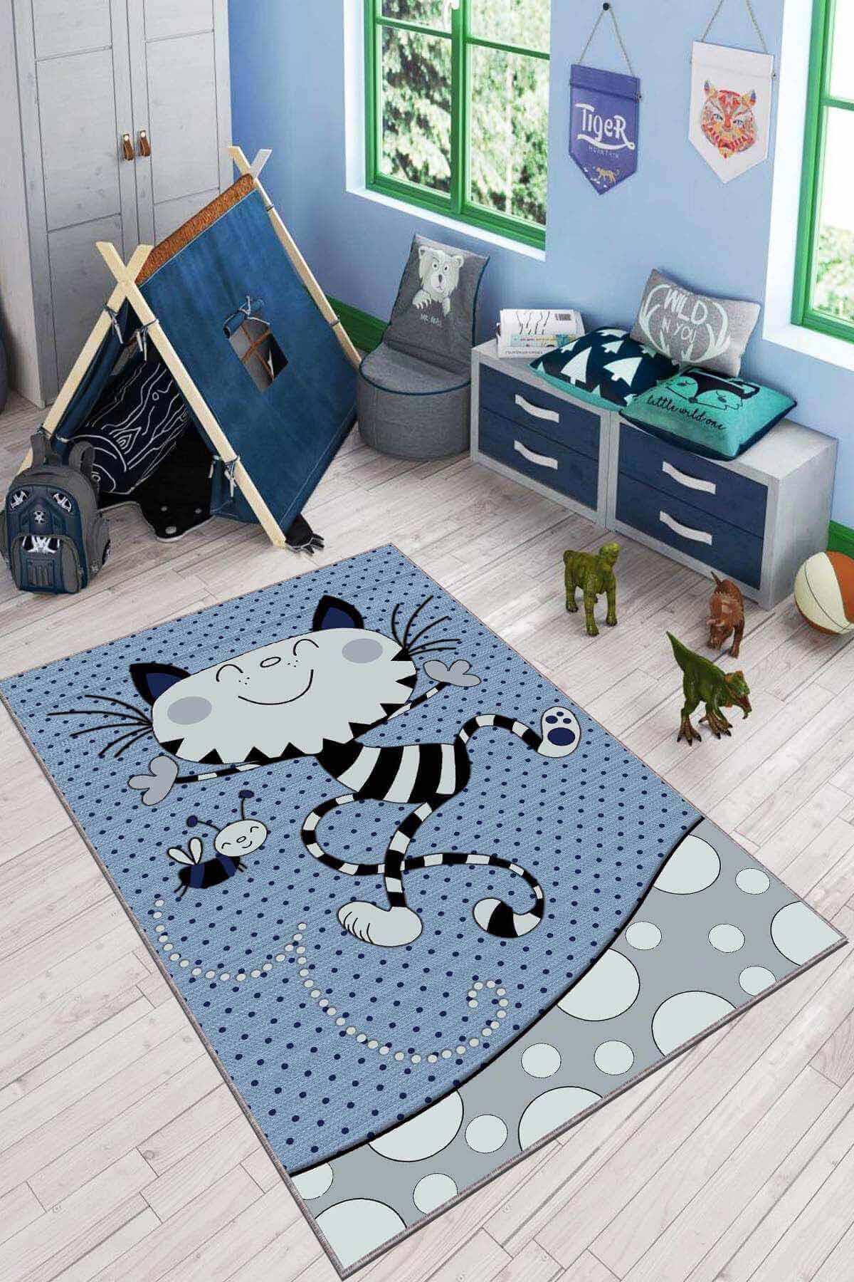 Viva Home KD47 Mavi 7 mm Mikropolyester Leke tutmaz Yıkanabilir İnce Kaymaz Dot Taban Dikdörtgen Makine Dokuma Çocuk Odası Halısı 120x200 cm