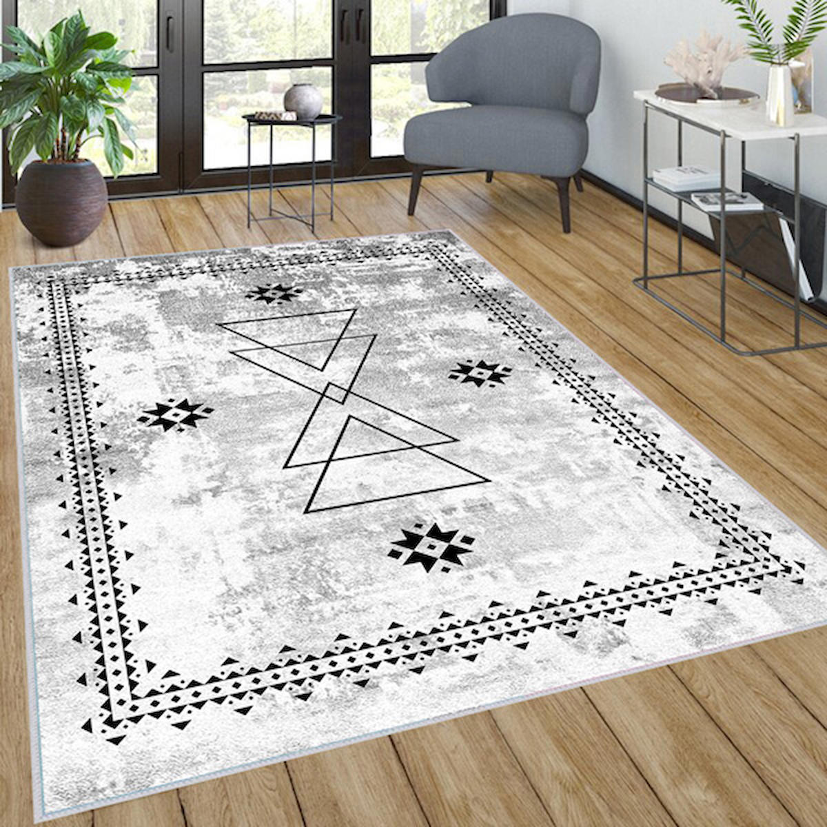 Rovigo Home RVG0035-SD1030 Gri-Siyah 8 mm Polyester Yıkanabilir Orta Kaymaz Dot Taban Dikdörtgen Makine Dokuma Salon Halısı 80x150 cm