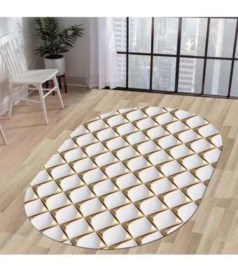 Dijidekor KY7059 Altın 6 mm Polyester Yıkanabilir Orta Kaymaz Dot Taban Oval Makine Dokuma Salon Halısı 160x230 cm