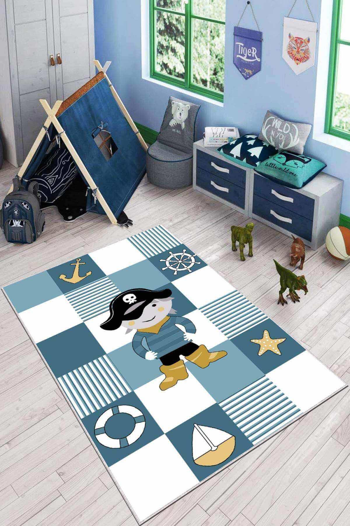 Viva Home KD63 Çok Renkli 7 mm Mikropolyester Koku Yapmaz-Leke Tutmaz-Toz Tutmaz Yıkanabilir İnce Kaymaz Dot Taban Deniz Desenli Dikdörtgen Makine Dokuma Çocuk Odası Halısı 120x200 cm