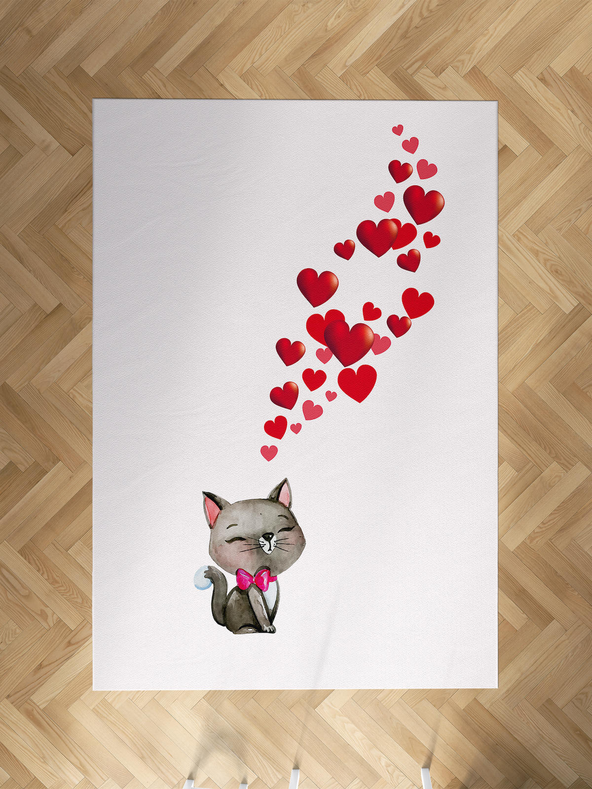Mekta Home Kalp-Kedi Krem 10 mm Antibakteriyel Yıkanabilir İnce Kaymaz Dot Taban Dikdörtgen Makine Dokuma Çocuk Odası Halısı 200x350 cm