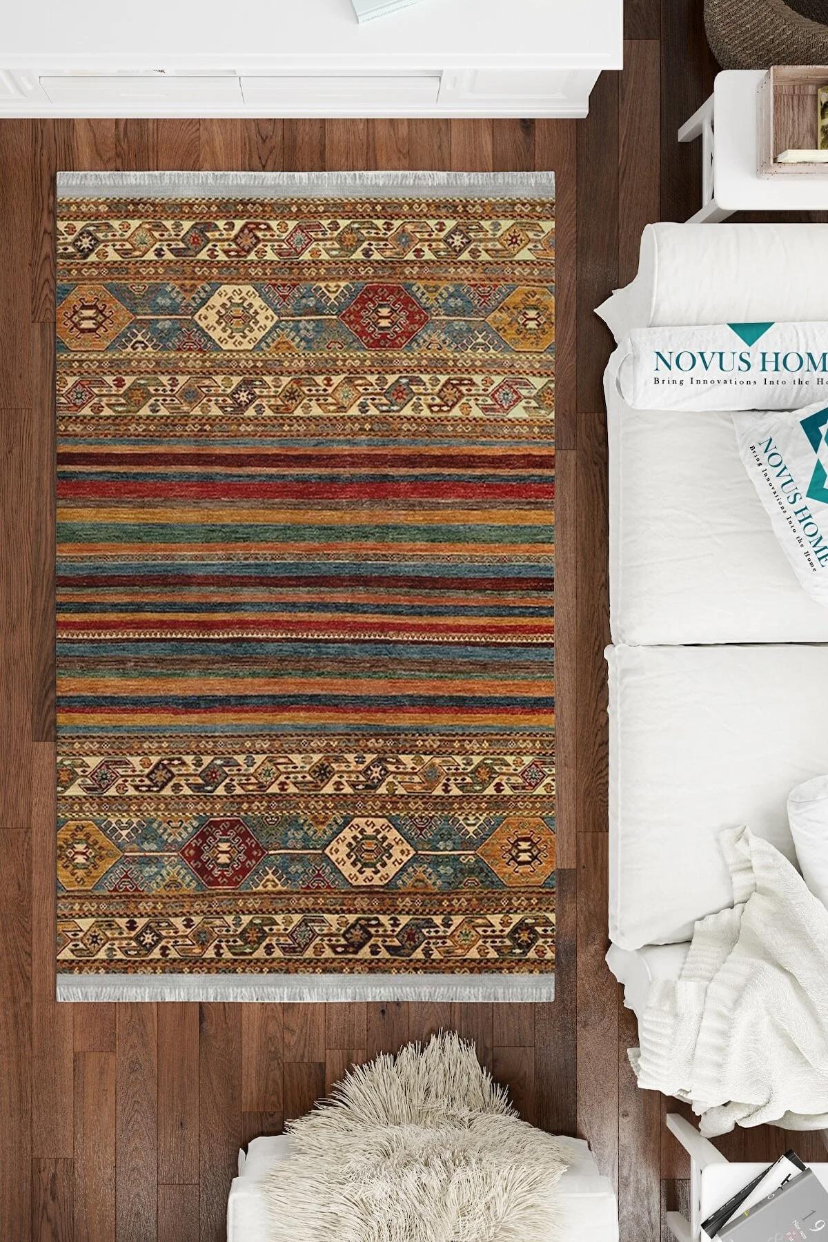 Novus Home Cotton Serisi Çok Renkli 5 mm Pamuk Antibakteriyel-Toz Tutmaz-Yalıtıma Yardımcı Yıkanabilir İnce Kaymaz Taban Dikdörtgen Makine Dokuma Antre-Salon-Yatak Odası Halısı 80x150 cm