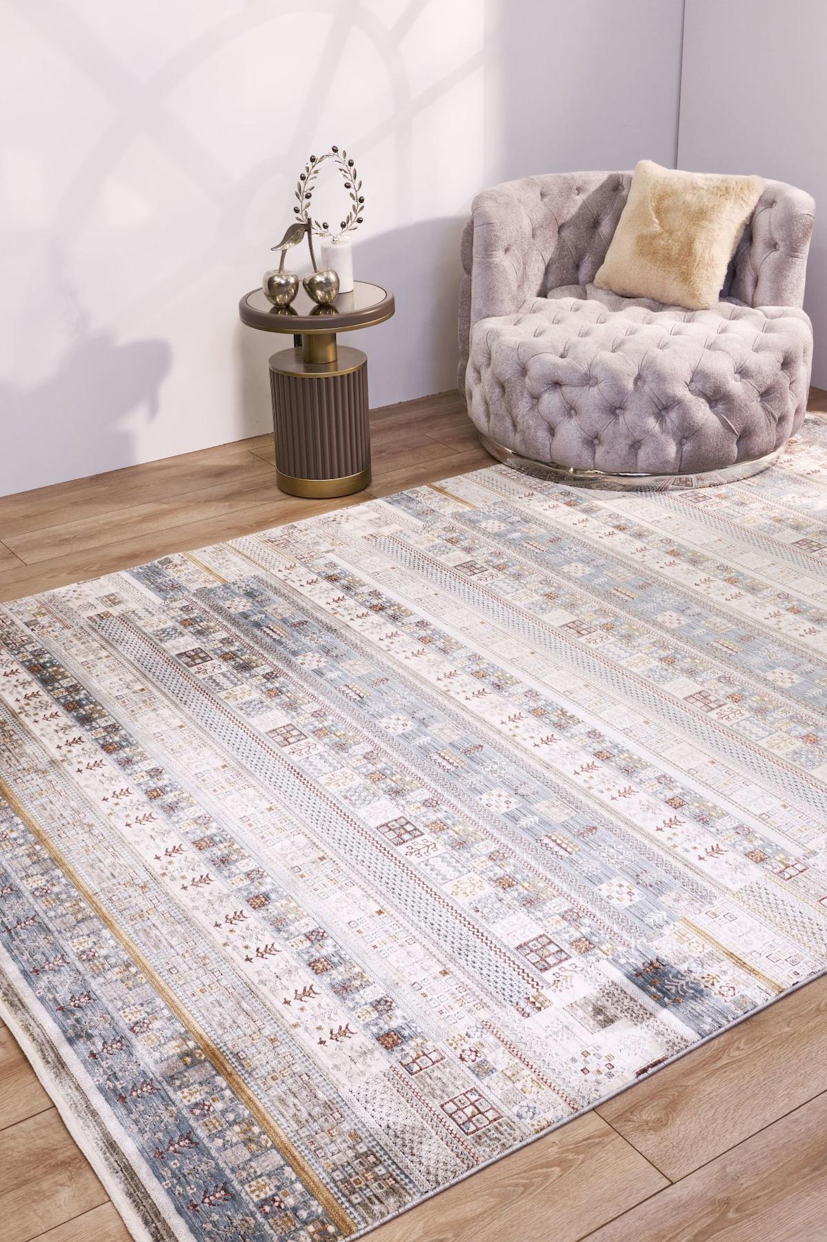 Apex Heriz 8211 Krem Pamuk Yıkanabilir İnce Kaymaz Jüt Taban Dikdörtgen Makine Dokuma Salon Halısı 100x300 cm