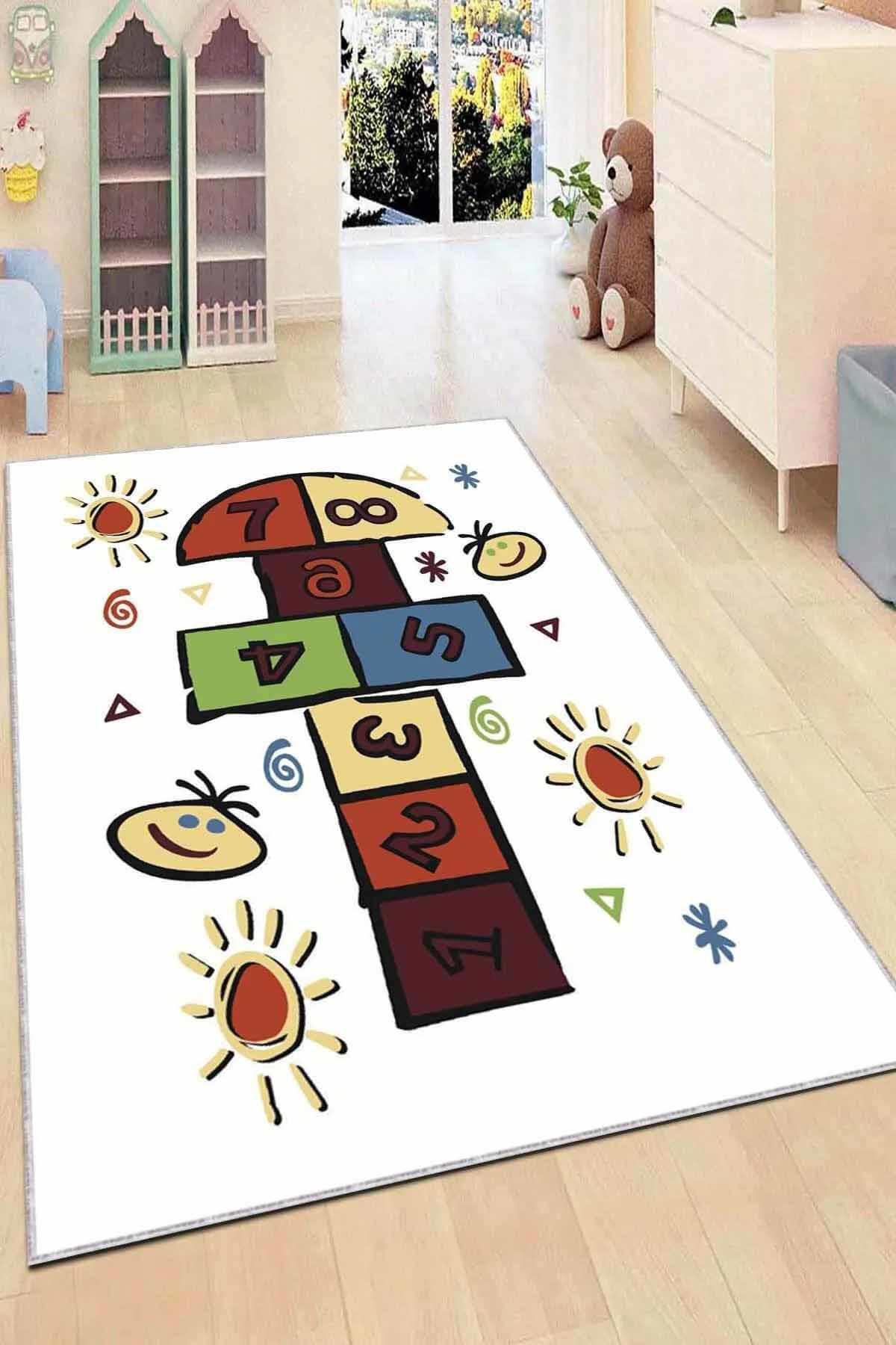 Viva Home KD064 Krem 7 mm Mikropolyester Leke Tutmaz Yıkanabilir Orta Kaymaz Dot Taban Dikdörtgen Makine Dokuma Çocuk Odası Halısı 130x190 cm