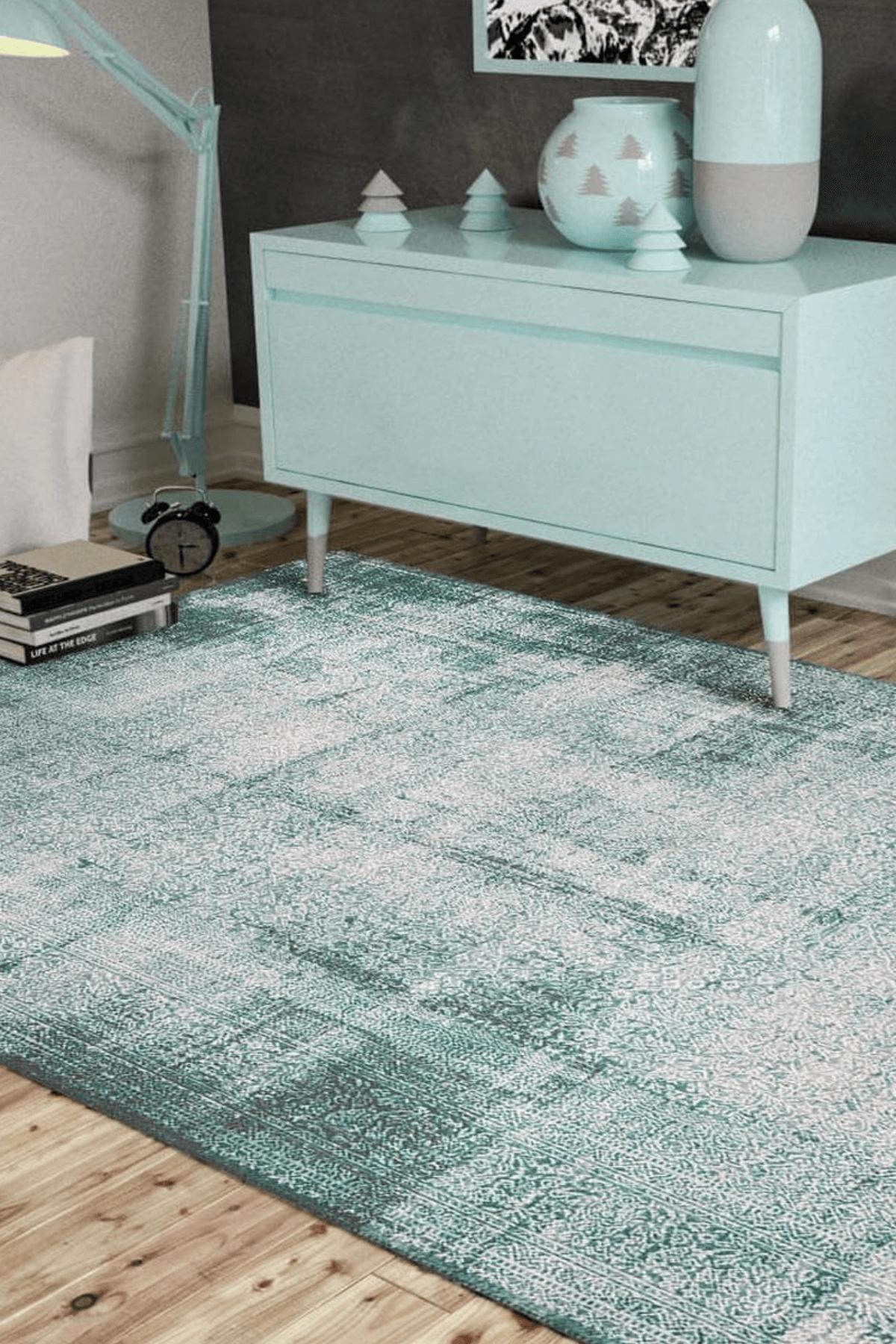 Artloop AL-223 Yeşil 4 mm Polyester Yıkanabilir İnce Kaymaz Jüt Taban Dikdörtgen Makine Dokuma Salon Halısı 80x500 cm