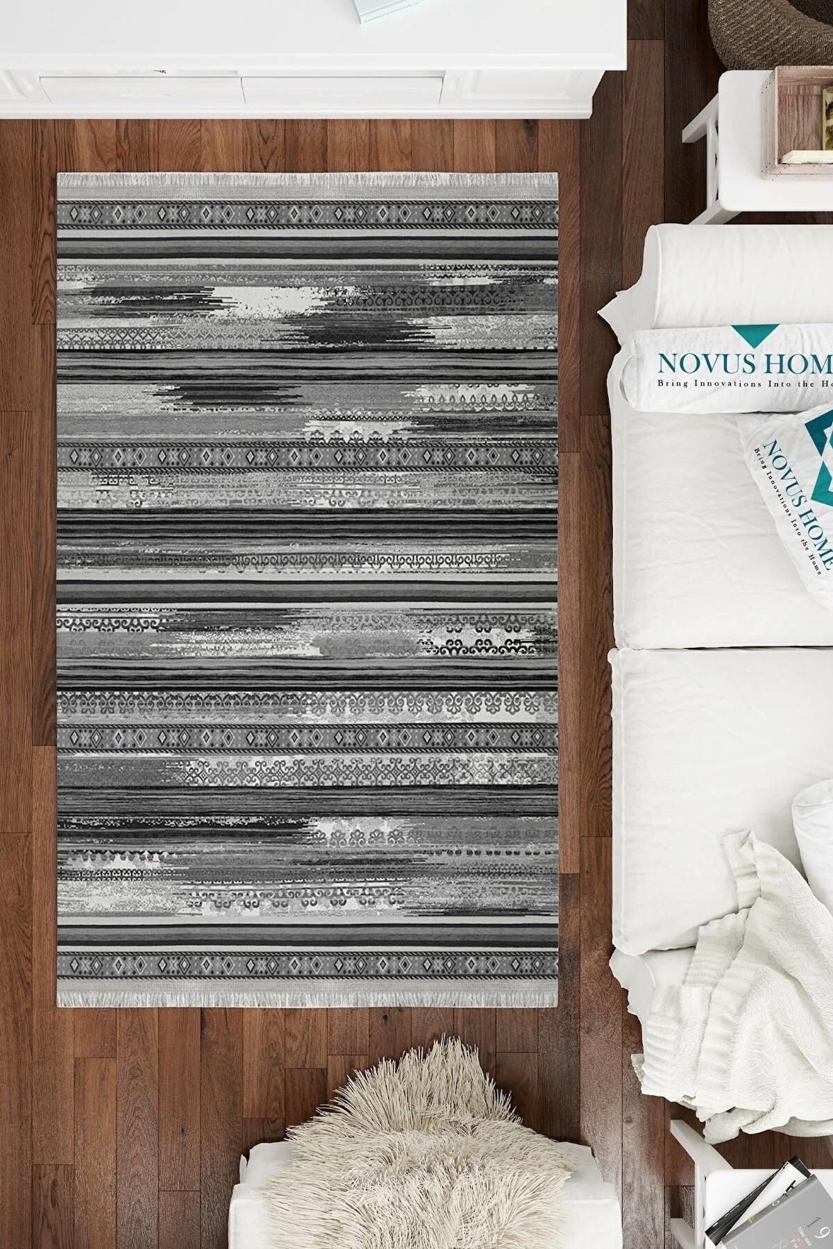 Novus Home Westa Serisi Antrasit - Siyah 6 mm Pamuk Antibakteriyel-Toz Tutmaz-Yalıtıma Yardımcı Yıkanabilir İnce Kaymaz Taban Dikdörtgen Makine Dokuma Antre-Salon-Yatak Odası Halısı 160x230 cm