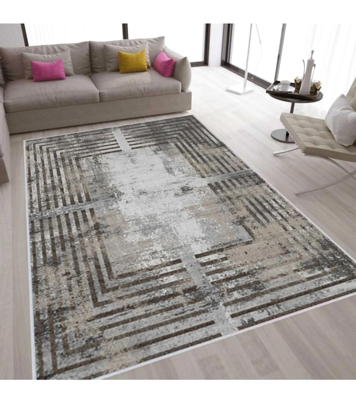 Rovigo Home RVG1550-SD295 Krem 8 mm Polyester Leke Tutmaz-Toz Tutmaz Yıkanabilir İnce Kaymaz Dot Taban Dikdörtgen Makine Dokuma Salon Halısı 200x290 cm
