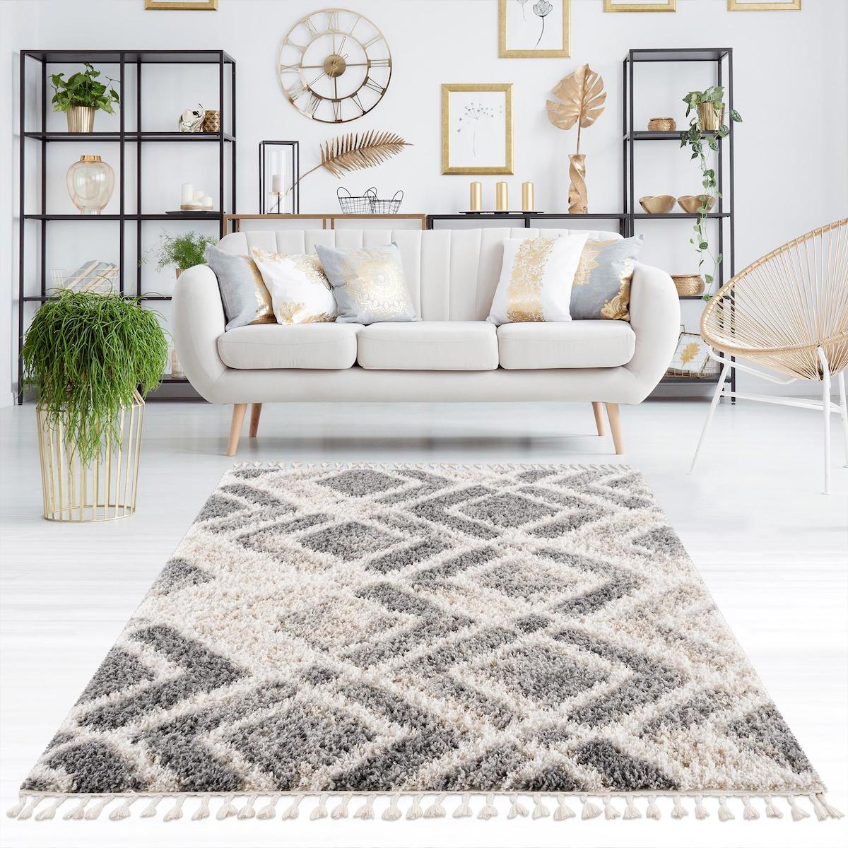 Petra Home Living Bej-Krem 50 mm Polyester Antibakteriyel Yıkanabilir Kalın Kaymaz Lateks Taban Dikdörtgen Makine Dokuma Salon Halısı 160x230 cm