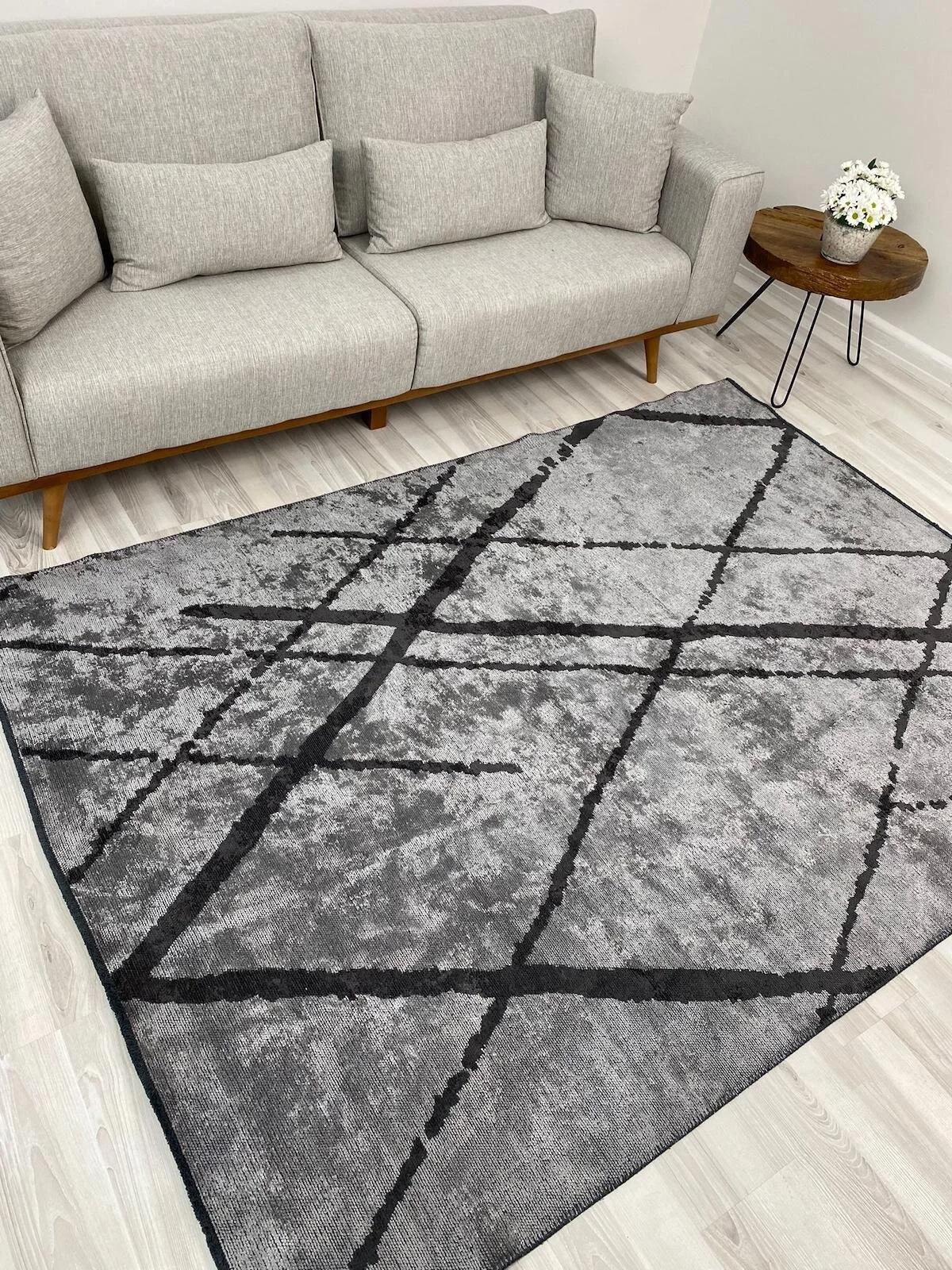 Vitze Home Rhizus Pokut Gri-Siyah 7 mm Akrilik Antibakteriyel Yıkanabilir İnce Kaymaz Lateks Taban Dikdörtgen Makine Dokuma Salon Halısı 100x150 cm