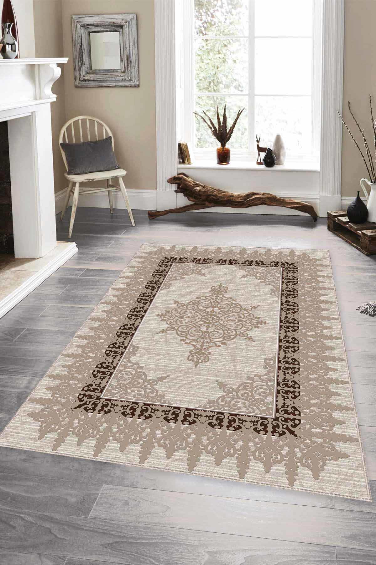 Viva Home MK32 Bej 7 mm Mikropolyester Leke Tutmaz Yıkanabilir İnce Kaymaz Dot Taban Dikdörtgen Makine Dokuma Salon Halısı 100x300 cm