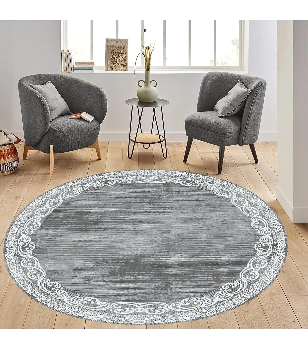 Rovigo Home RVG7323-HK105 Gri 8 mm Polyester Antibakteriyel-Leke Tutmaz-Toz Tutmaz Yıkanabilir İnce Kaymaz Dot Taban Yuvarlak Makine Dokuma Salon Halısı 200x300 cm