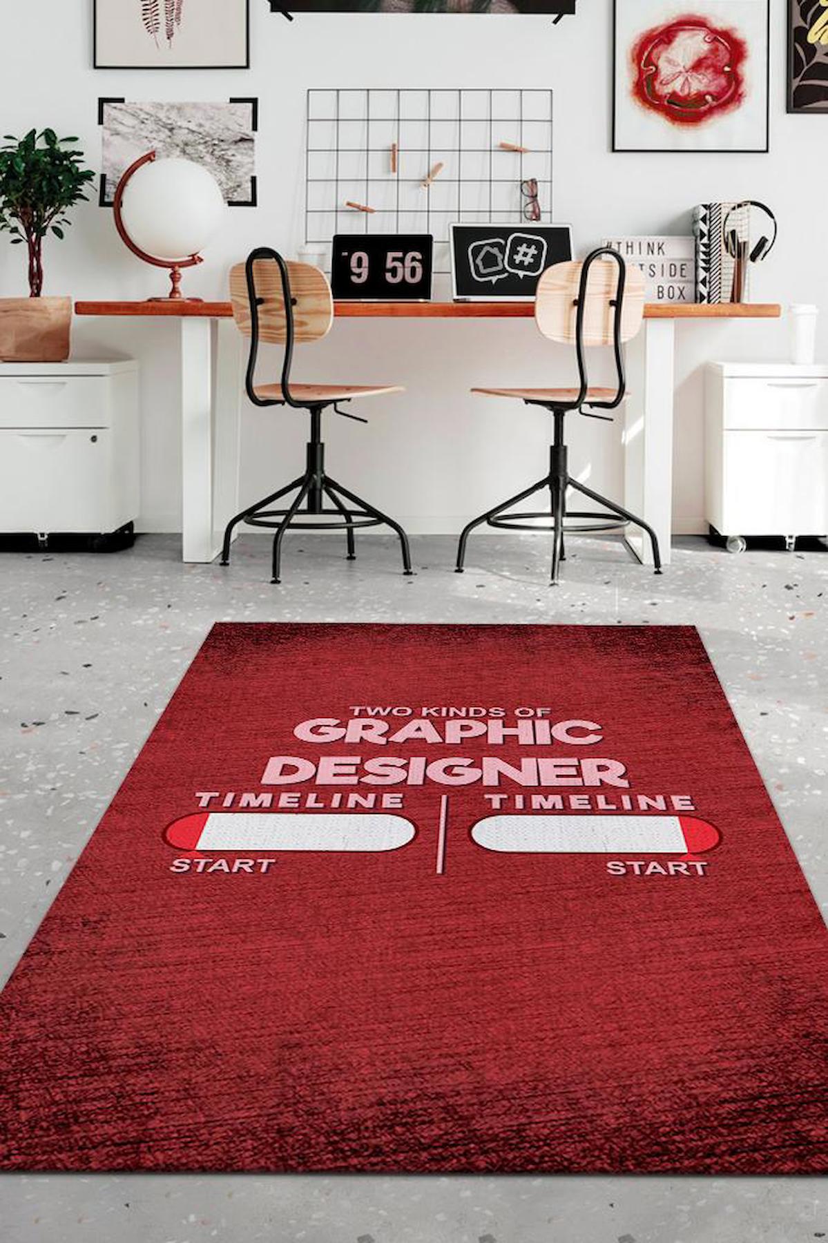 Homshtag İki Tip Grafiker Kırmızı 4 mm Pamuk Antistatik Yıkanabilir İnce Kaymaz Dikdörtgen Makine Dokuma Çalışma Odası Halısı 200x250 cm
