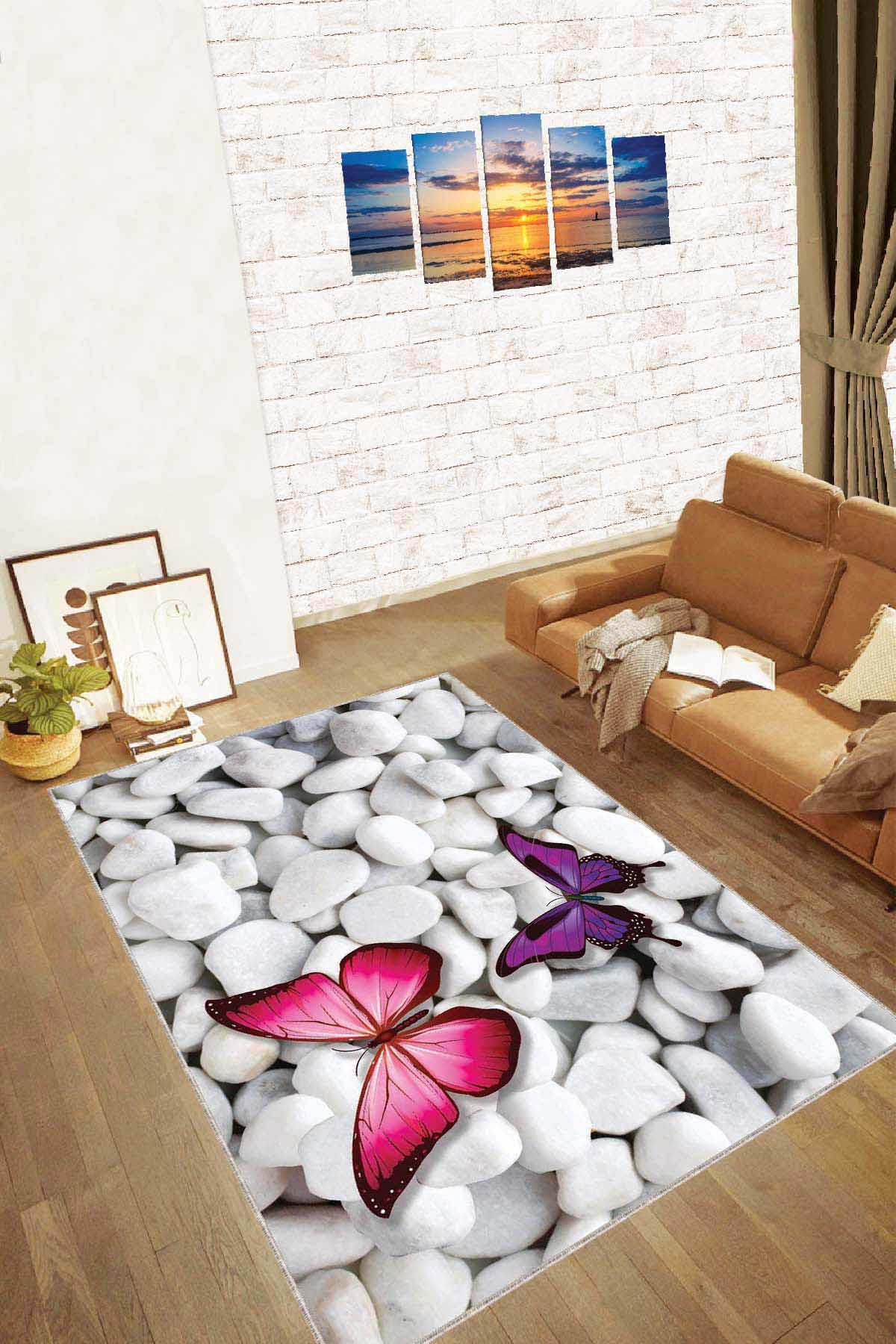 Viva Home AR128 Mor 7 mm Mikropolyester Antibakteriyel Yıkanabilir Kalın Kaymaz Pamuk Taban Dikdörtgen Makine Dokuma Salon Halısı 170x240 cm