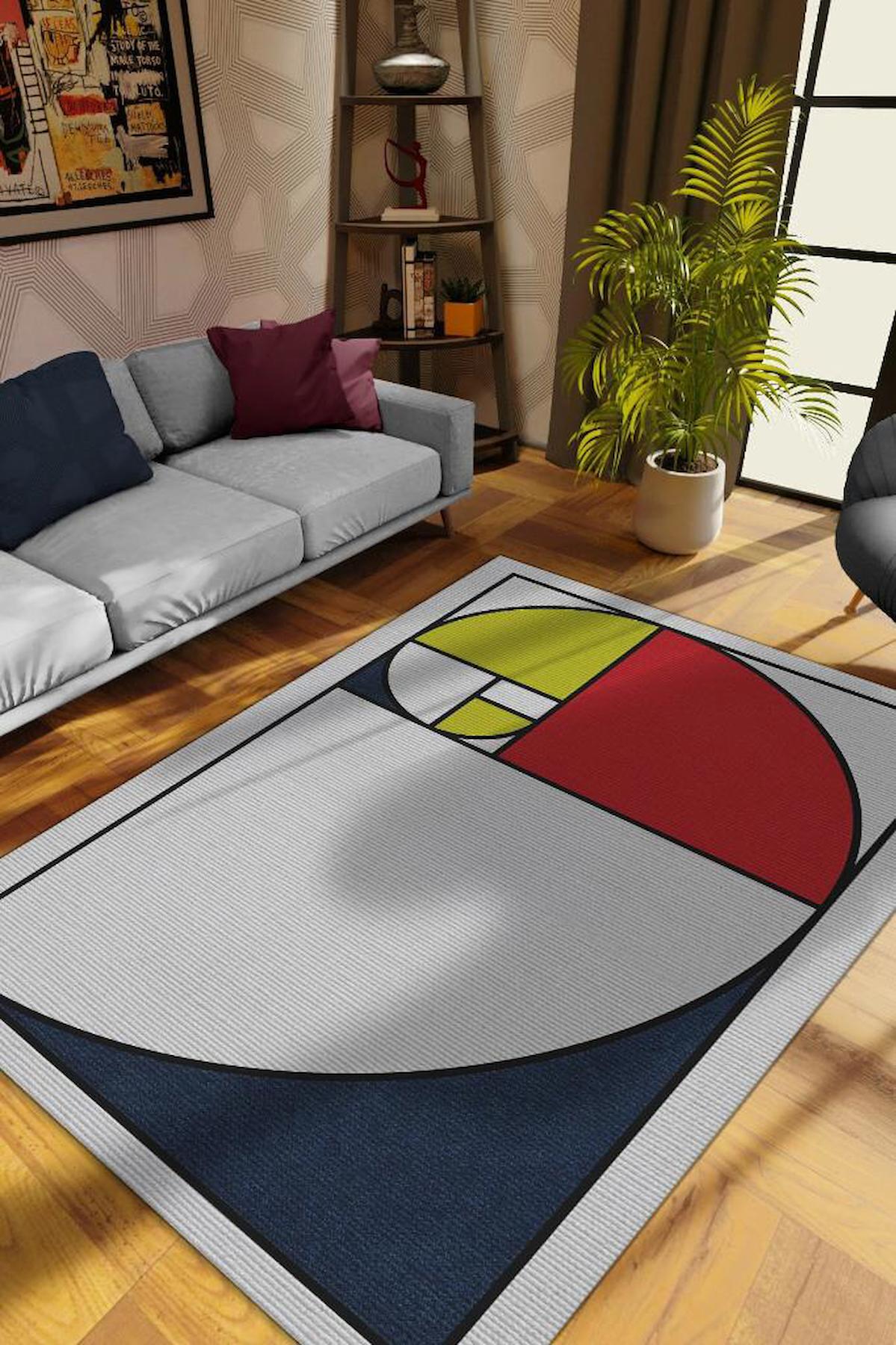 Homshtag Altın Oran Çok Renkli 4 mm Pamuk Antistatik Yıkanabilir İnce Kaymaz Dikdörtgen Makine Dokuma Salon Halısı 156x230 cm