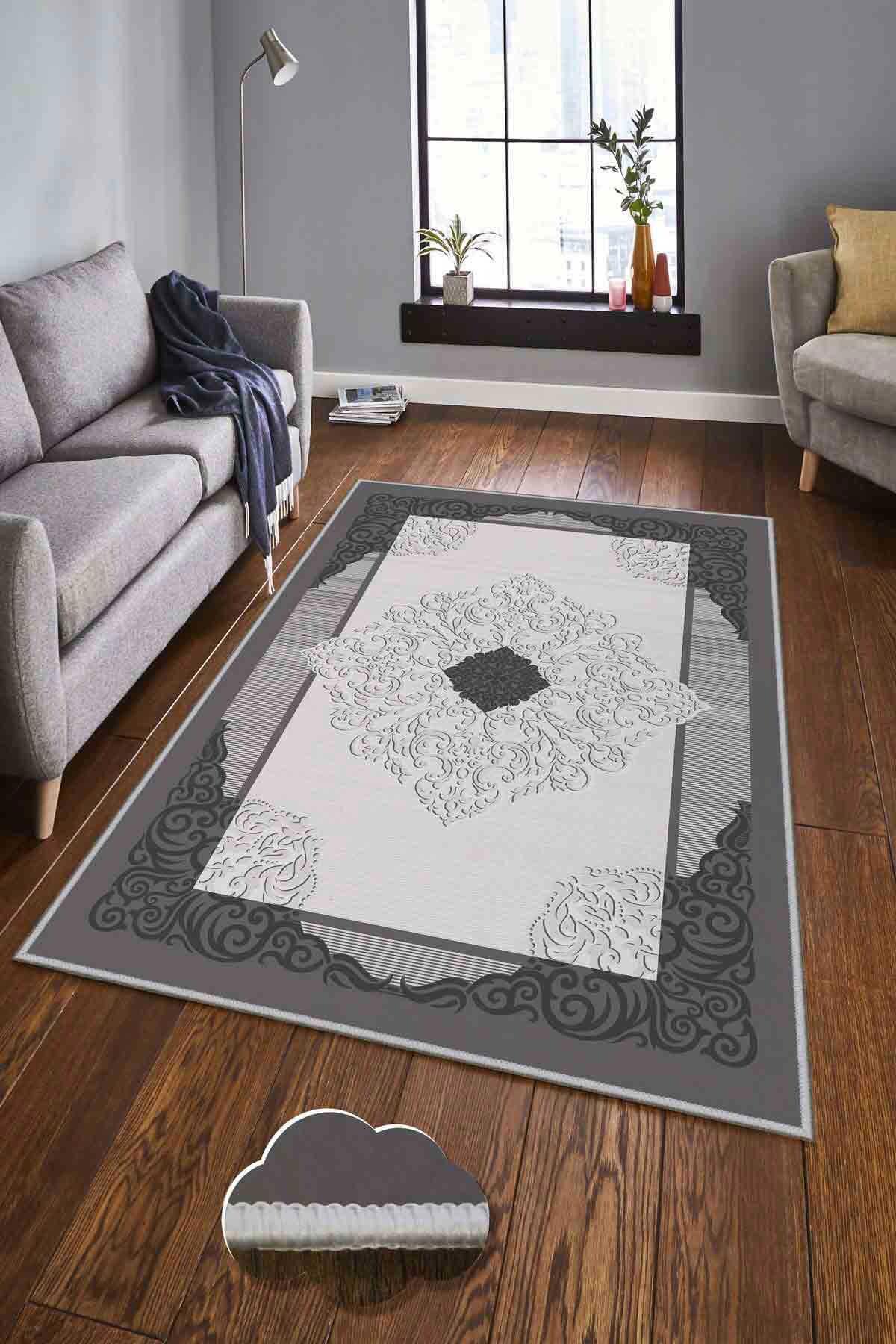 Homefesto Krem 5 mm Polyester Leke Tutmaz Yıkanabilir İnce Kaymaz Taban Dikdörtgen Makine Dokuma Salon Halısı 80x400 cm