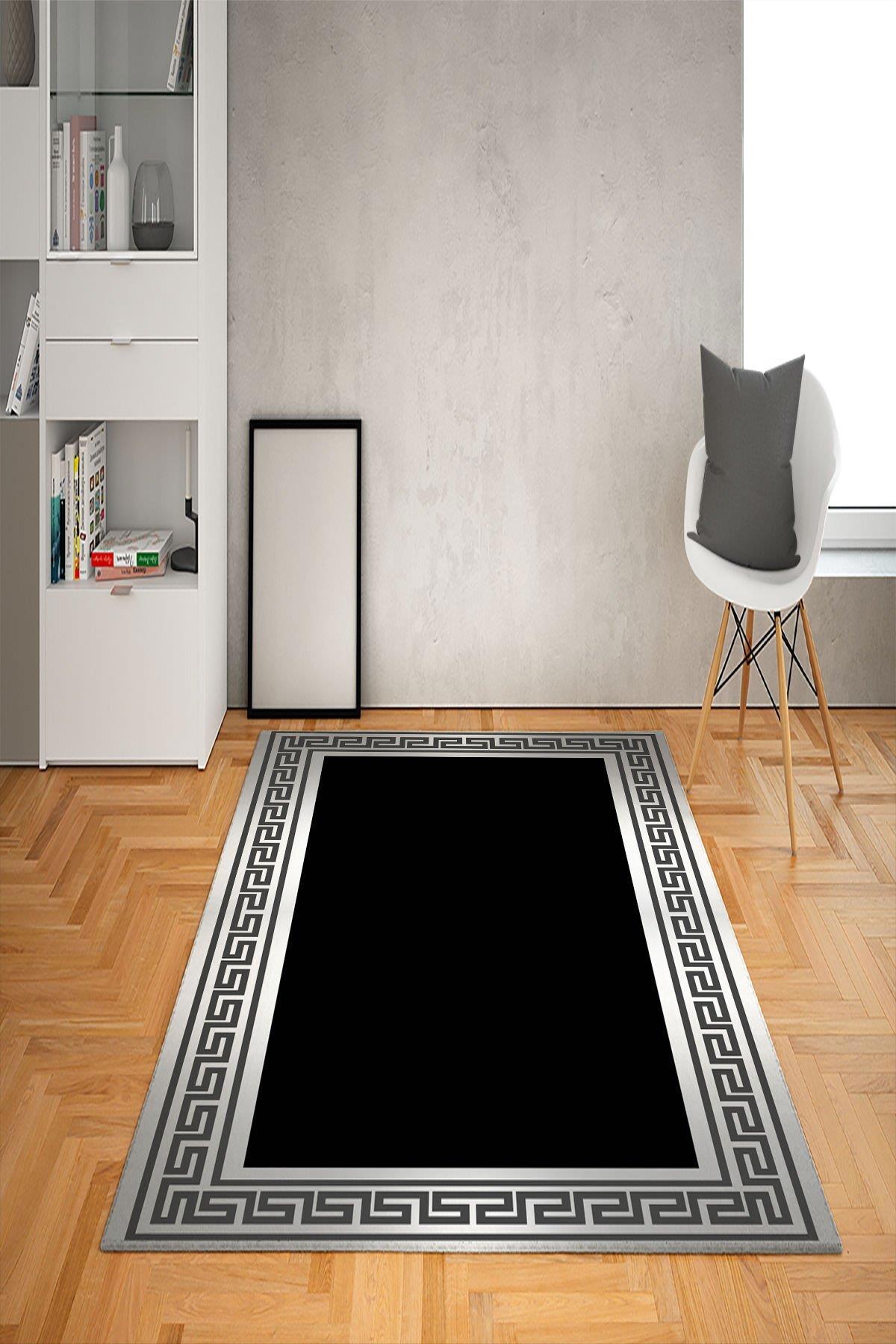 Doruklar Home Collection Gri-Siyah 0.7 mm Antibakteriyel Yıkanabilir Kalın Kaymaz Taban Geometrik Dikdörtgen Makine Dokuma Salon Halısı 160x230 cm