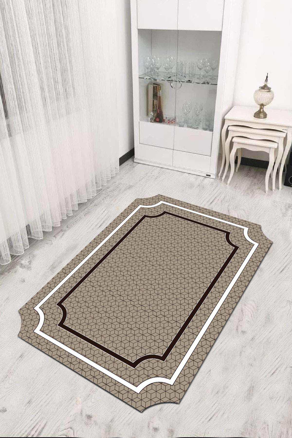 Viva Home RV313 Bej 7 mm Mikropolyester Yıkanabilir İnce Kaymaz Jüt Taban Dikdörtgen Makine Dokuma Salon Halısı 80x150 cm