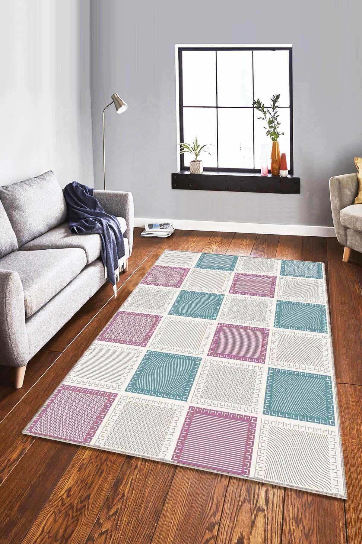 Viva Home DM003 Pembe-Turkuaz 7 mm Mikropolyester Leke Tutmaz Yıkanabilir İnce Kaymaz Dot Taban Dikdörtgen Makine Dokuma Salon Halısı 180x180 cm