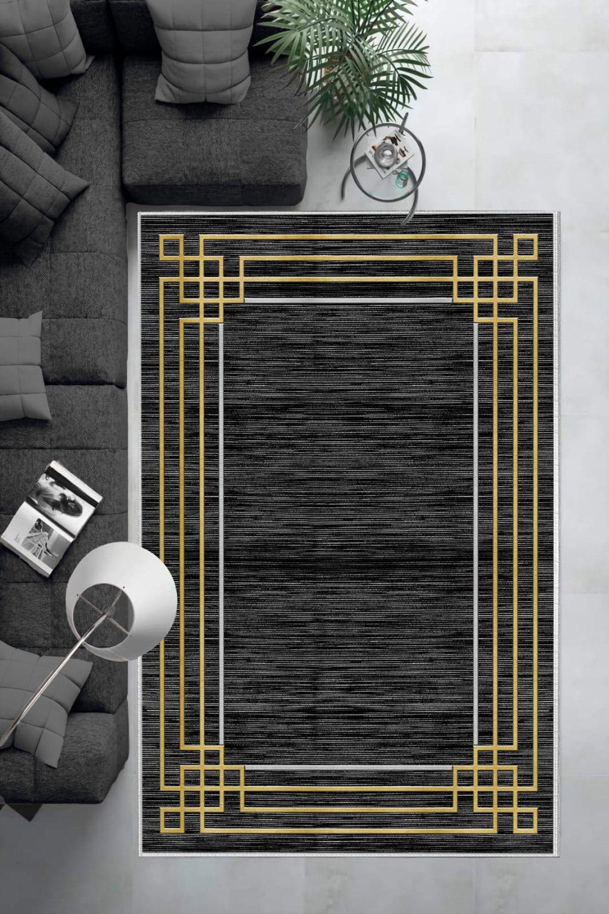 Aldora Sarı - Siyah 9 mm Deri Toz Tutmaz Yıkanabilir İnce Kaymaz Lateks Taban Dikdörtgen Makine Dokuma Salon Halısı 180x180 cm