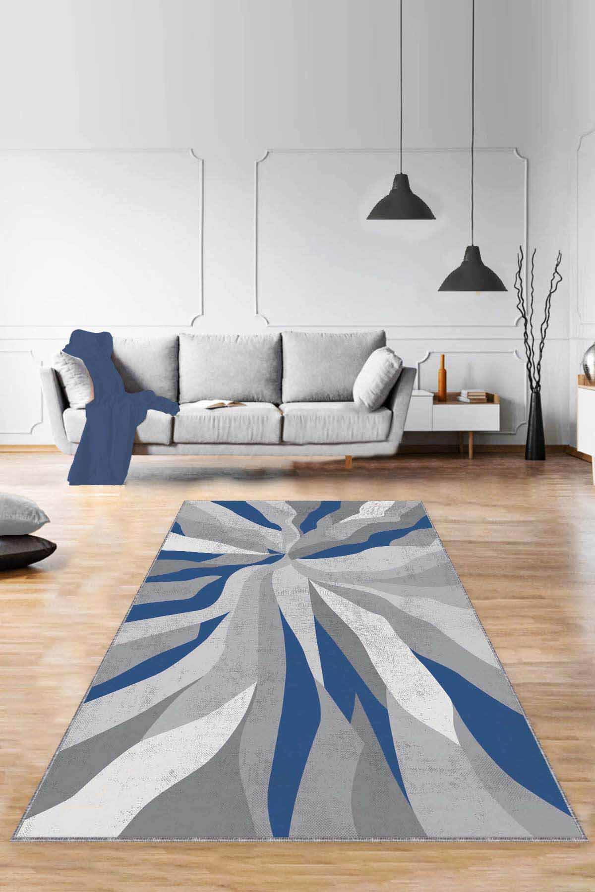 Viva Home ME006 Mavi 7 mm Mikropolyester Antialerjenik Yıkanabilir İnce Kaymaz Dikdörtgen Makine Dokuma Salon Halısı 120x180 cm