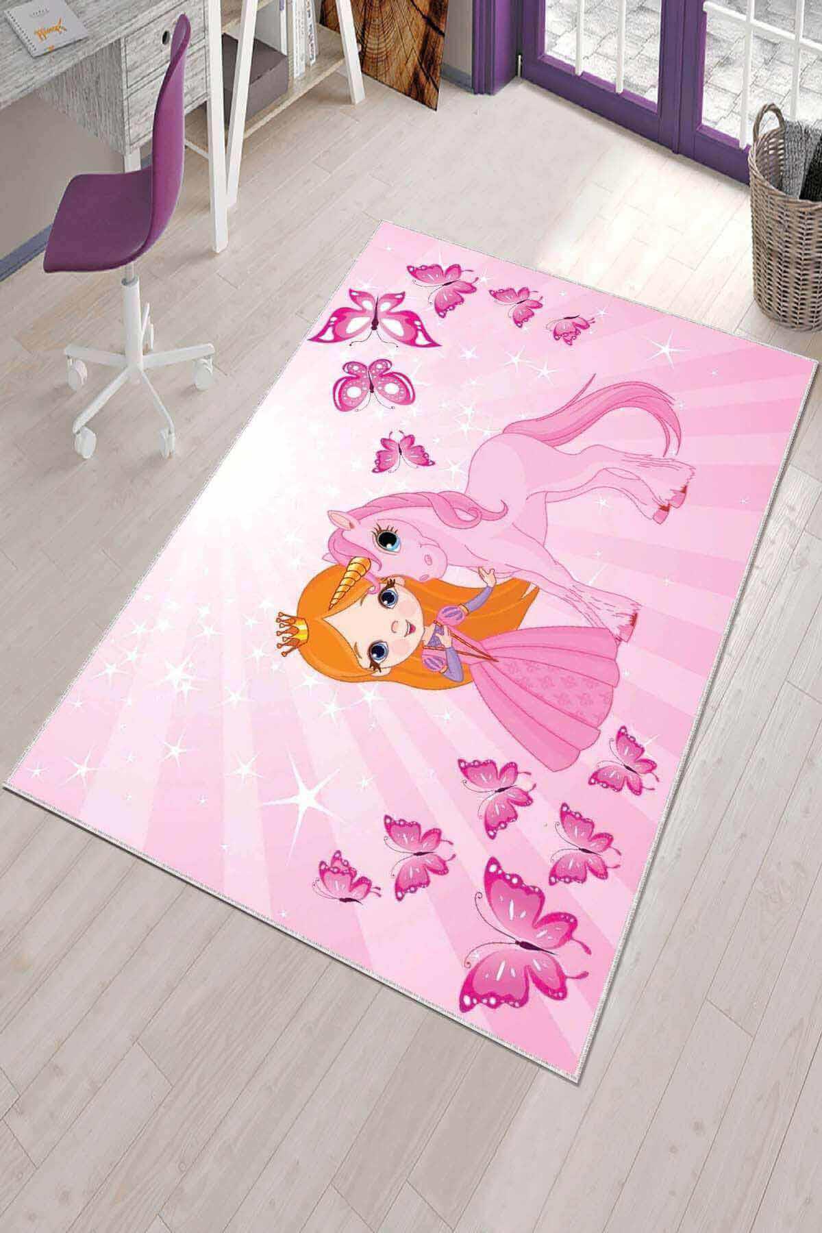 Viva Home KD076 Pembe 7 mm Mikropolyester Leke Tutmaz Yıkanabilir İnce Kaymaz Dot Taban Dikdörtgen Makine Dokuma Çocuk Odası Halısı 100x150 cm