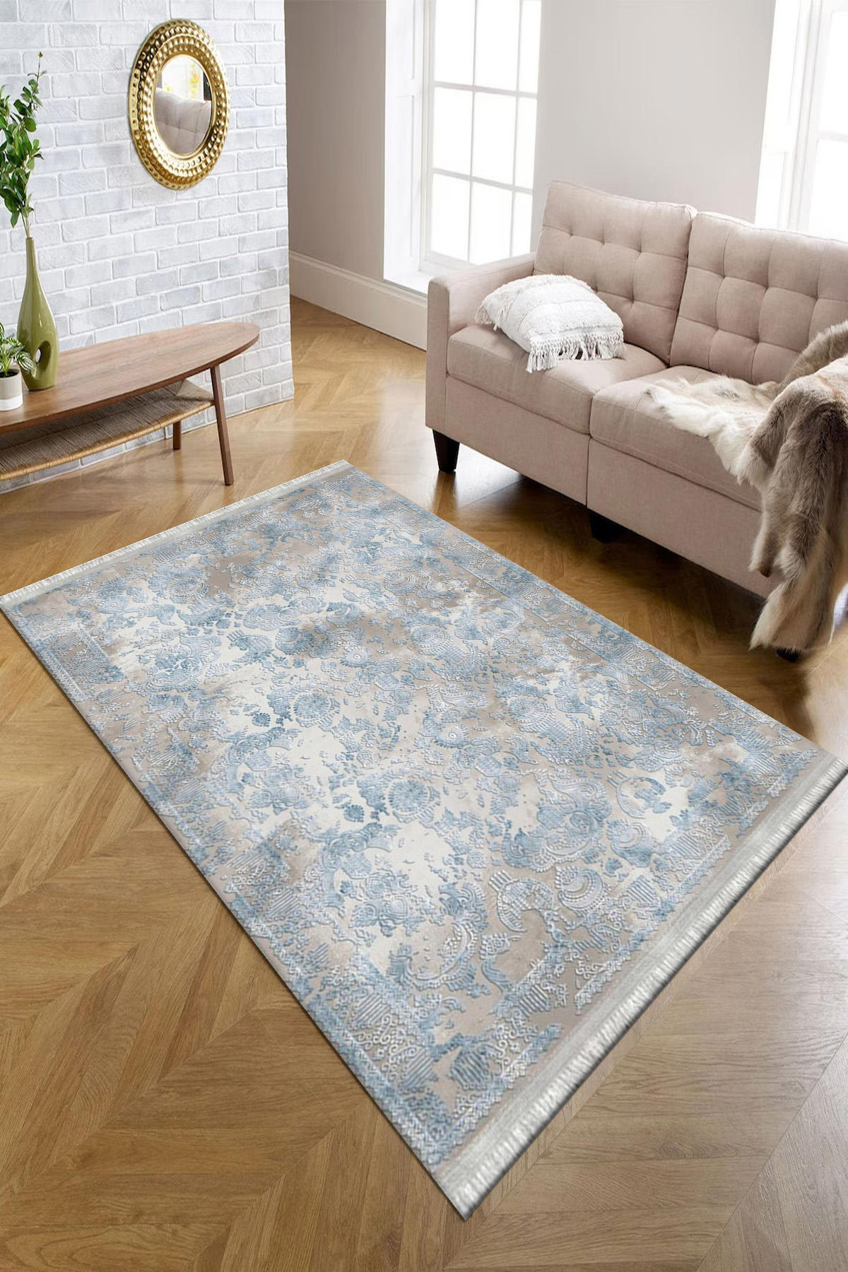 Kreatif Halı Gri-Mavi 4 mm Polyester Antibakteriyel Yıkanabilir İnce Kaymaz Dot Taban Dikdörtgen Makine Dokuma Salon Halısı 160x230 cm