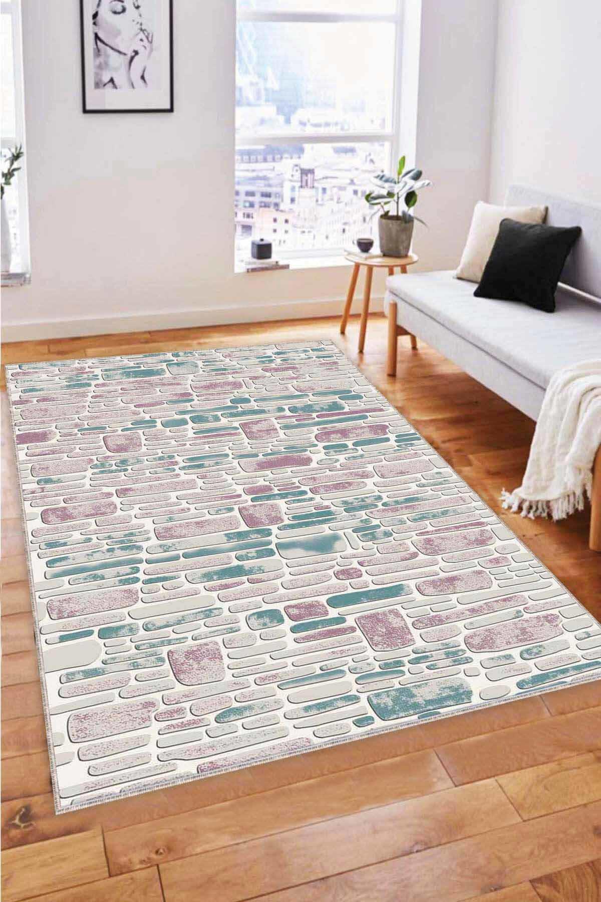 Viva Home RO04 Pembe-Turkuaz 7 mm Mikropolyester Leke Tutmaz Yıkanabilir İnce Kaymaz Dot Taban Dikdörtgen Makine Dokuma Salon Halısı 100x300 cm