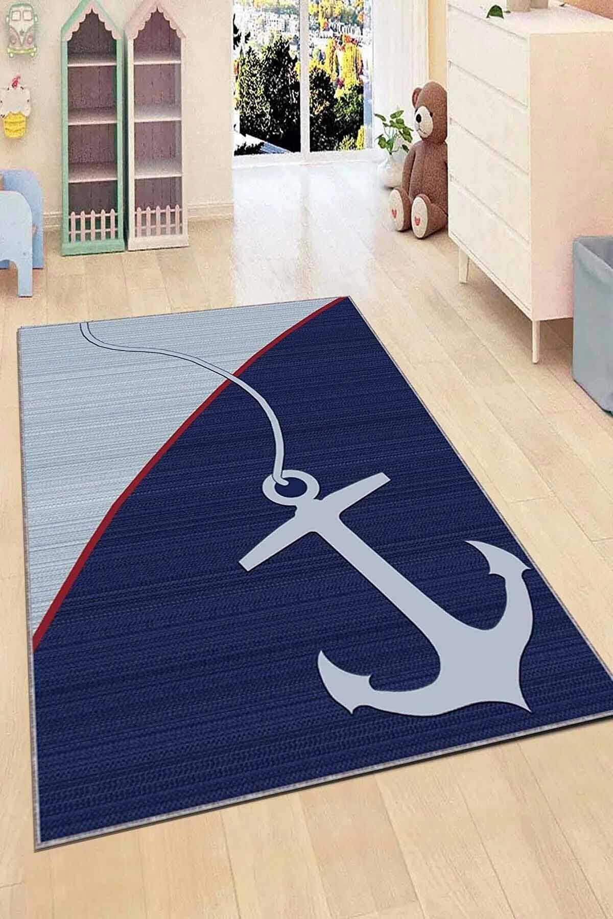 Viva Home KD051 Lacivert 7 mm Mikropolyester Leke tutmaz Yıkanabilir İnce Kaymaz Dikdörtgen Makine Dokuma Çocuk Odası Halısı 80x500 cm